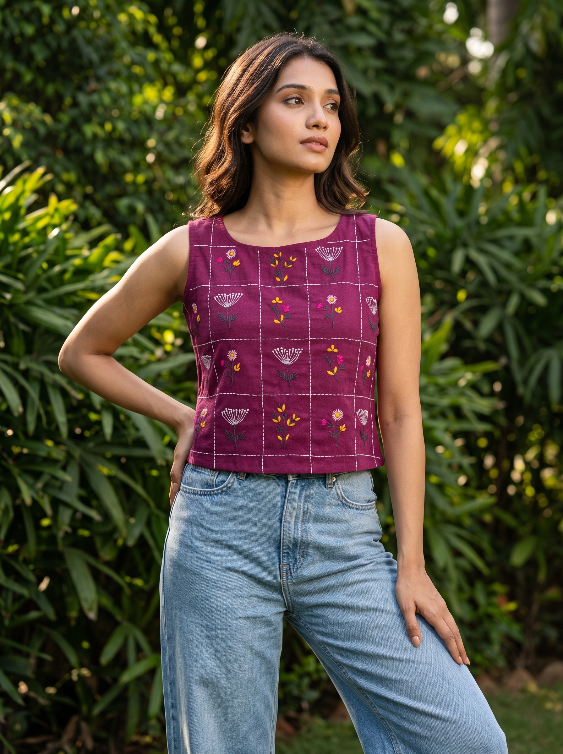 Crop Top #149 – Handloom Organic Cotton Top with Floral Grid Print in Berry Purple