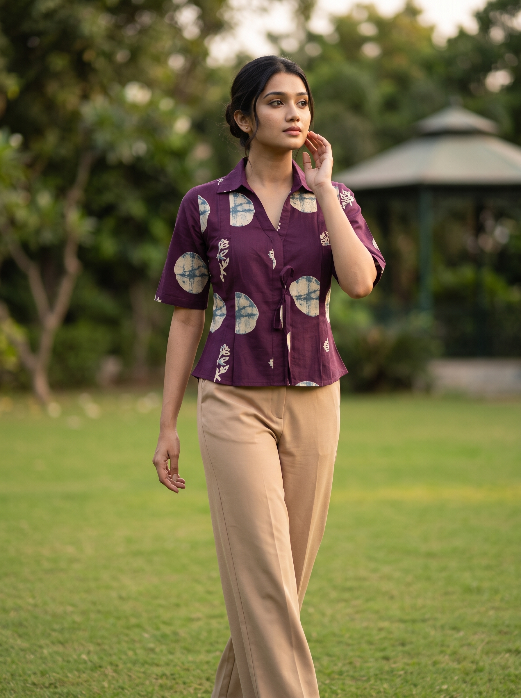Crop Top #151 – Handloom Organic Cotton Top with Abstract Floral Print in Plum Purple
