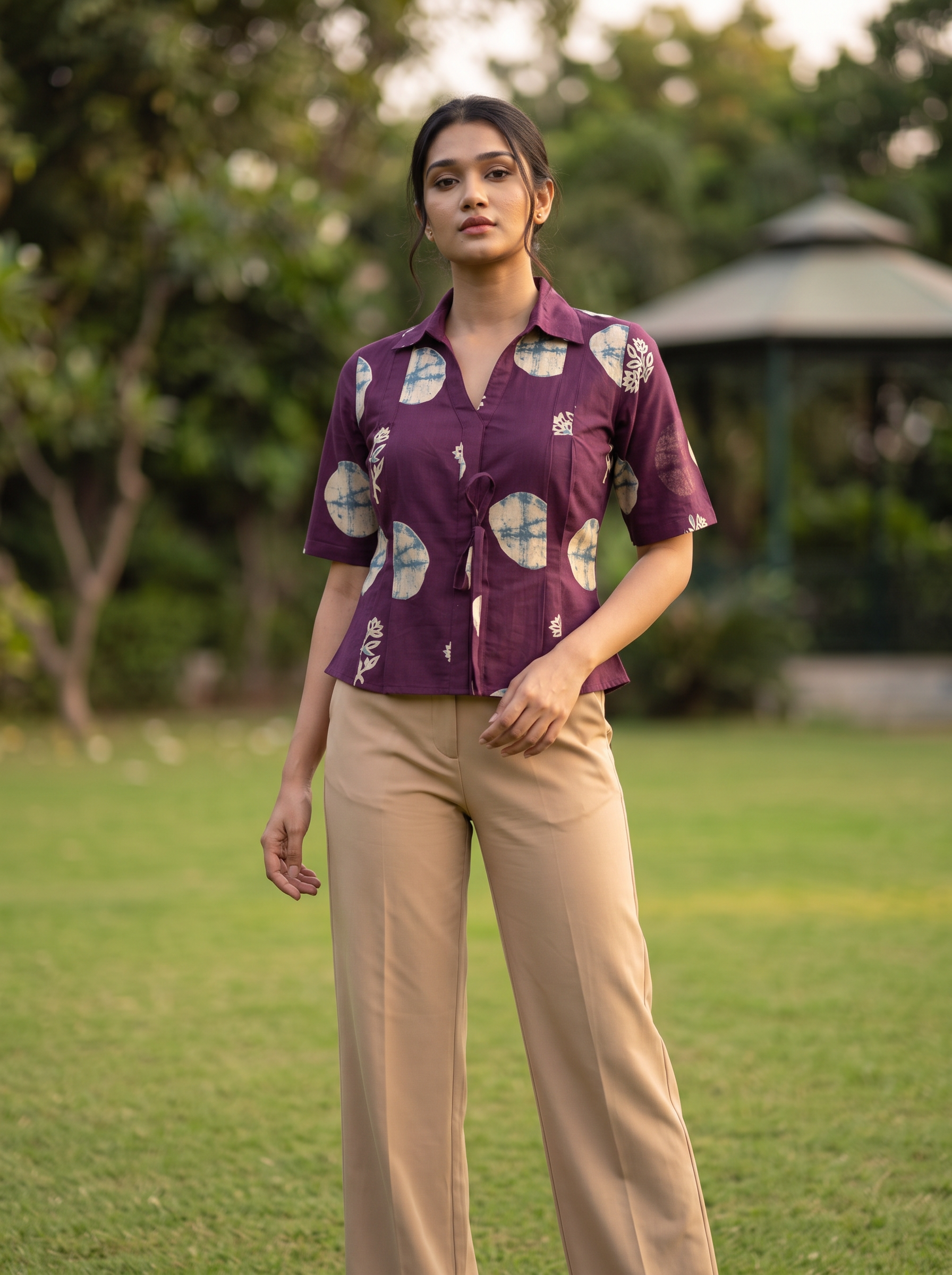 Crop Top #151 – Handloom Organic Cotton Top with Abstract Floral Print in Plum Purple