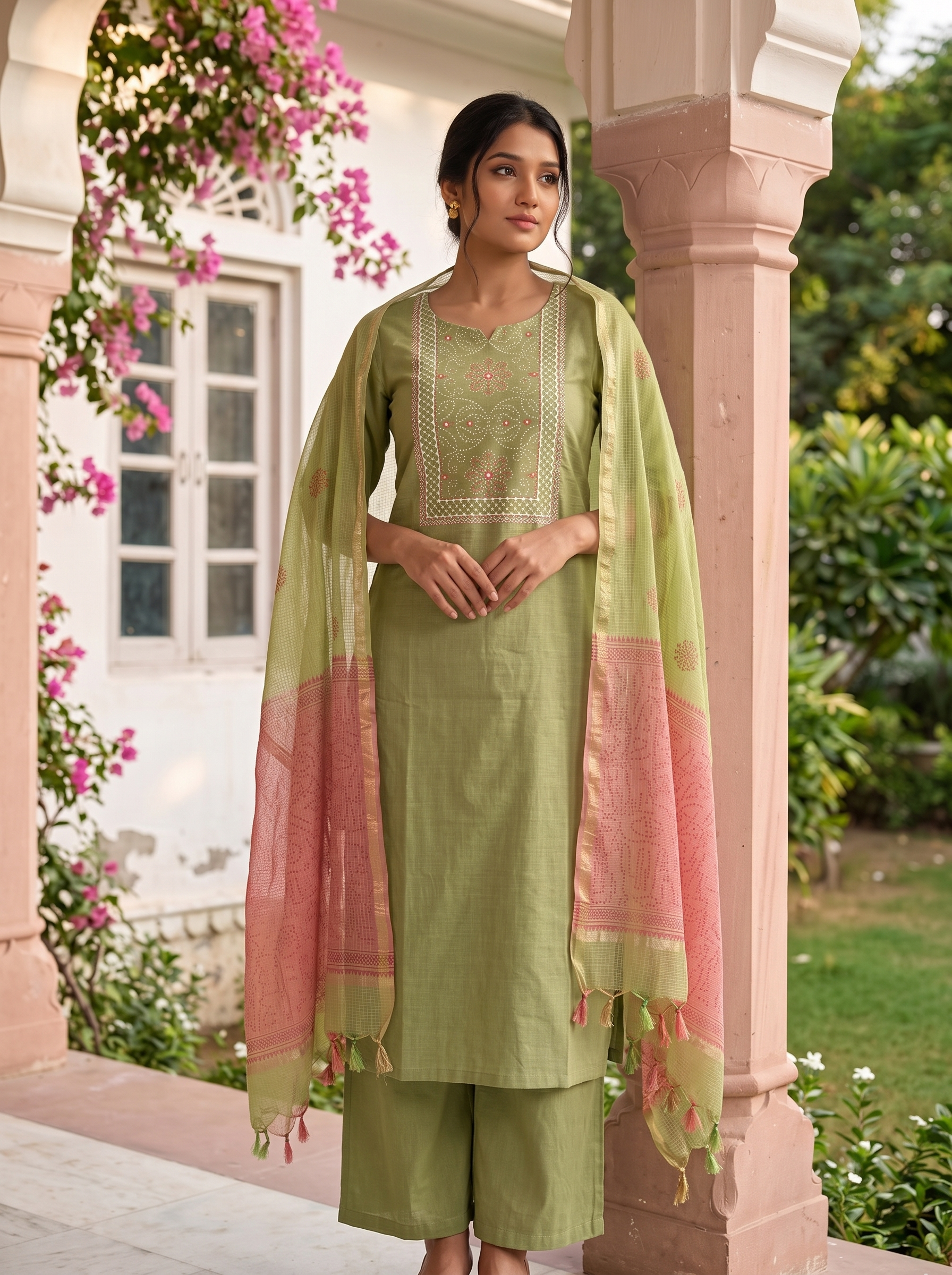 Pallavi (Apple Green) - Pure Handloom Linen Cotton Suit Set with Bandhej Work