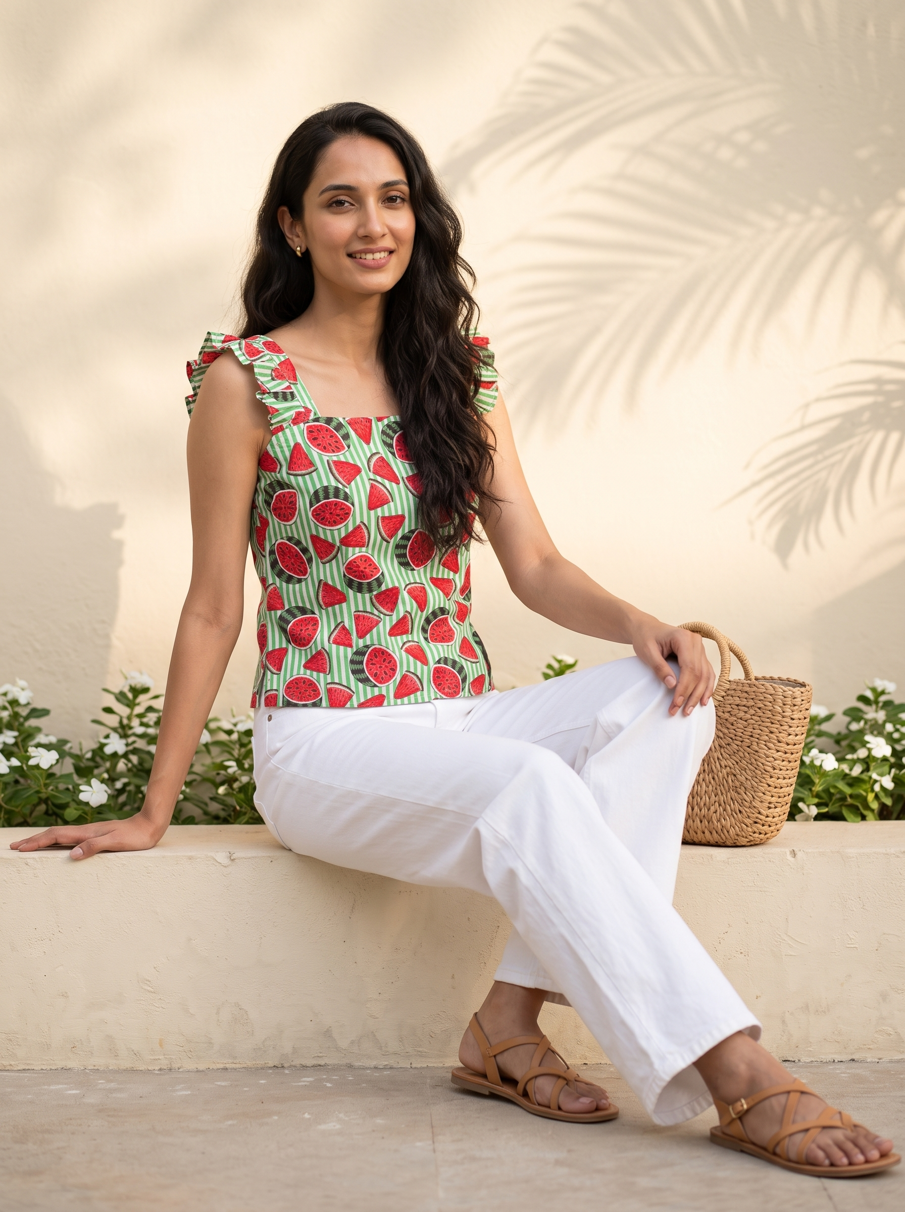 Crop Top #150 – Handloom Organic Cotton Top with Watermelon Print in Green