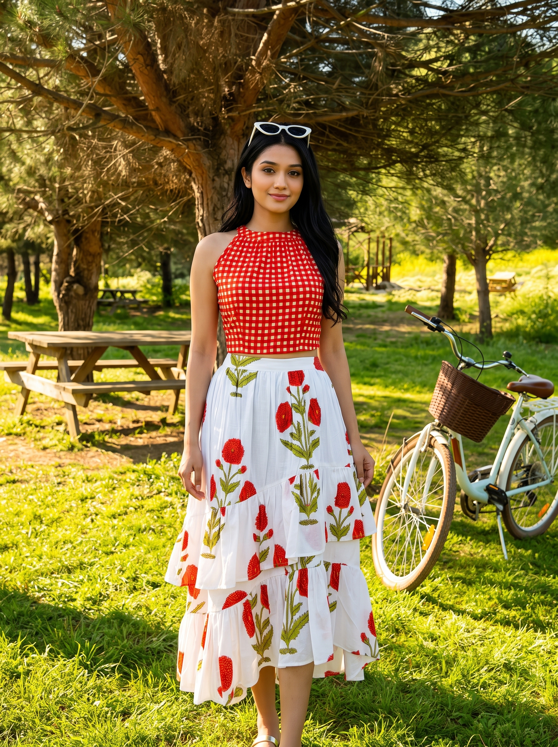 Poppy Picnic Skirt Set – Rust Orange Gingham Top with Floral Tiered Skirt