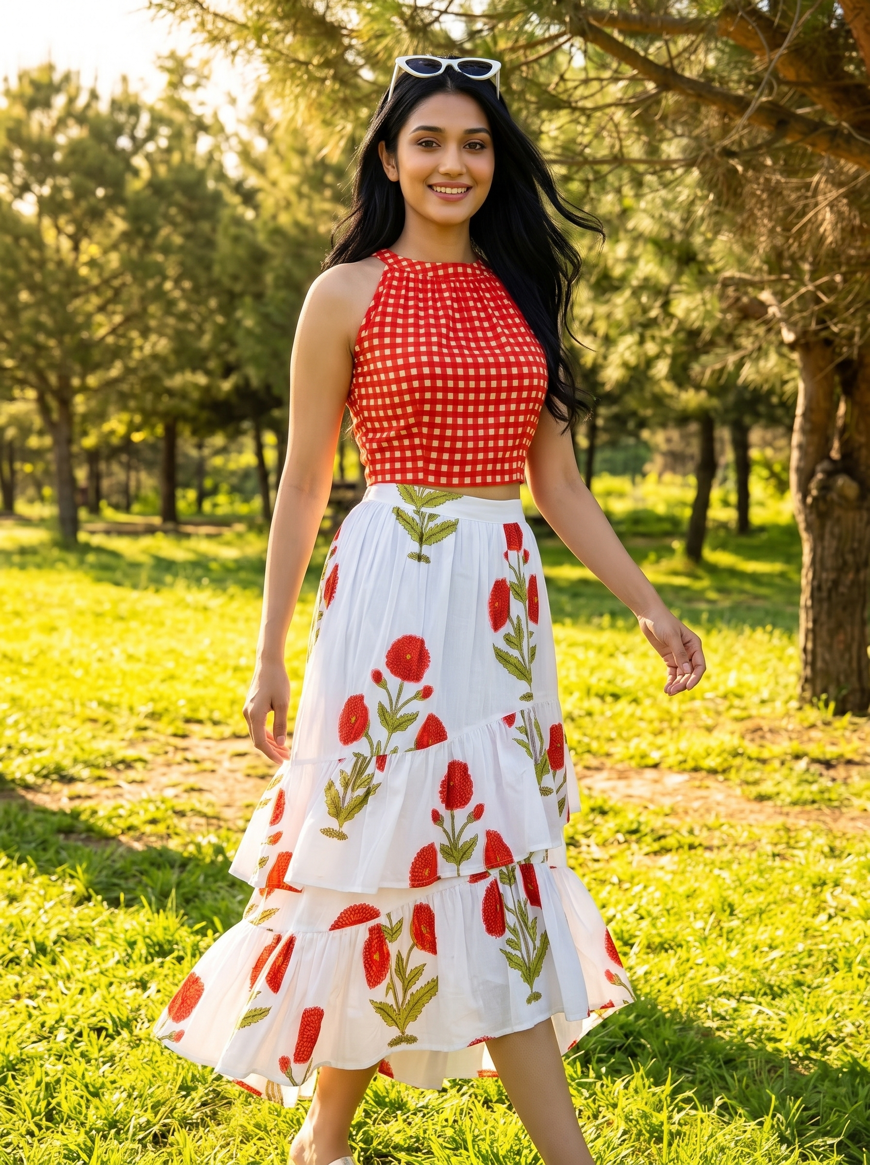 Poppy Picnic Skirt Set – Rust Orange Gingham Top with Floral Tiered Skirt