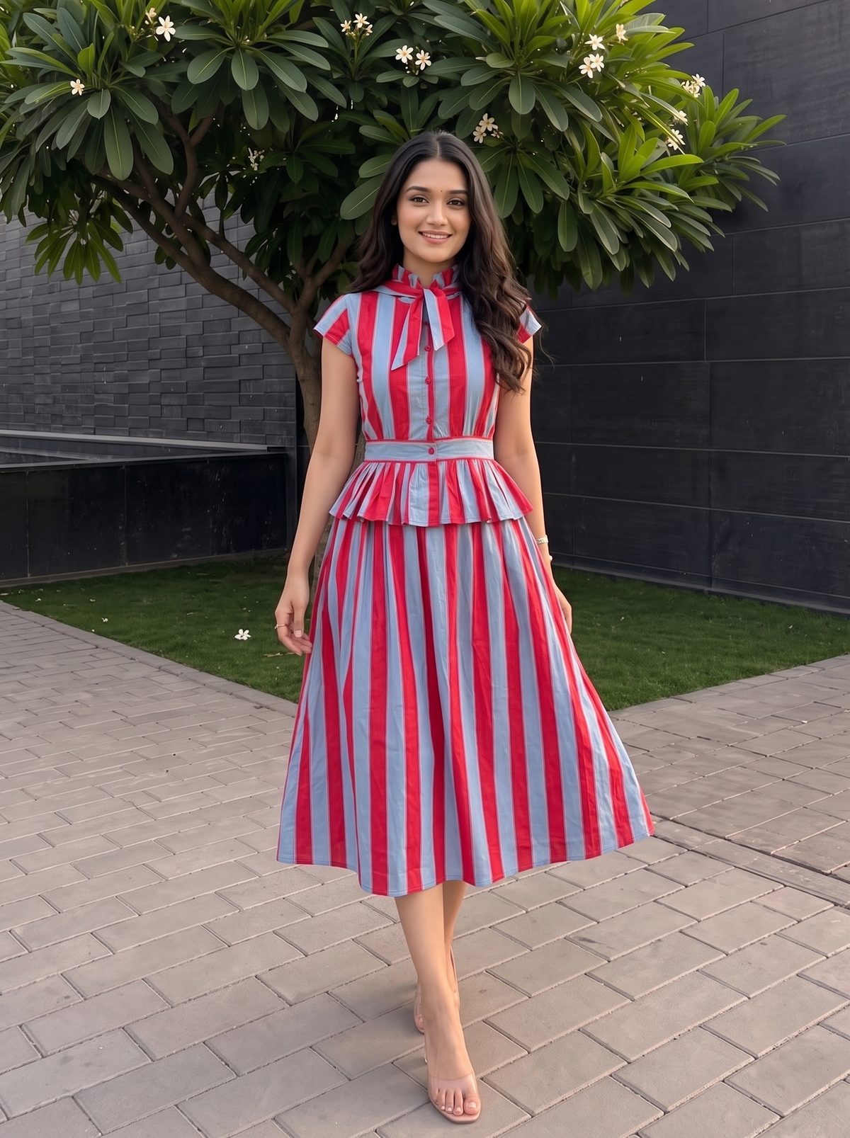 Roselle Skirt Set – Tie-Neck Peplum Top & Striped Skirt in Coral Red & Powder Blue