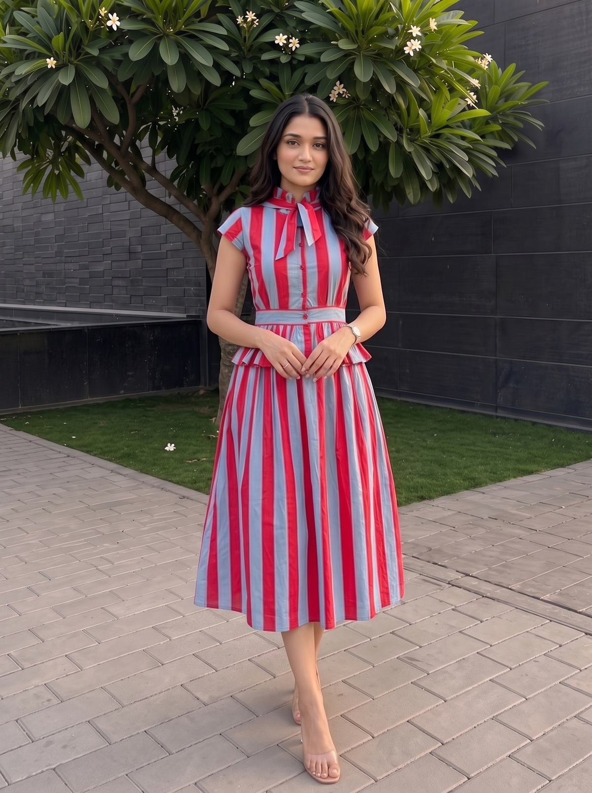 Roselle Skirt Set – Tie-Neck Peplum Top & Striped Skirt in Coral Red & Powder Blue