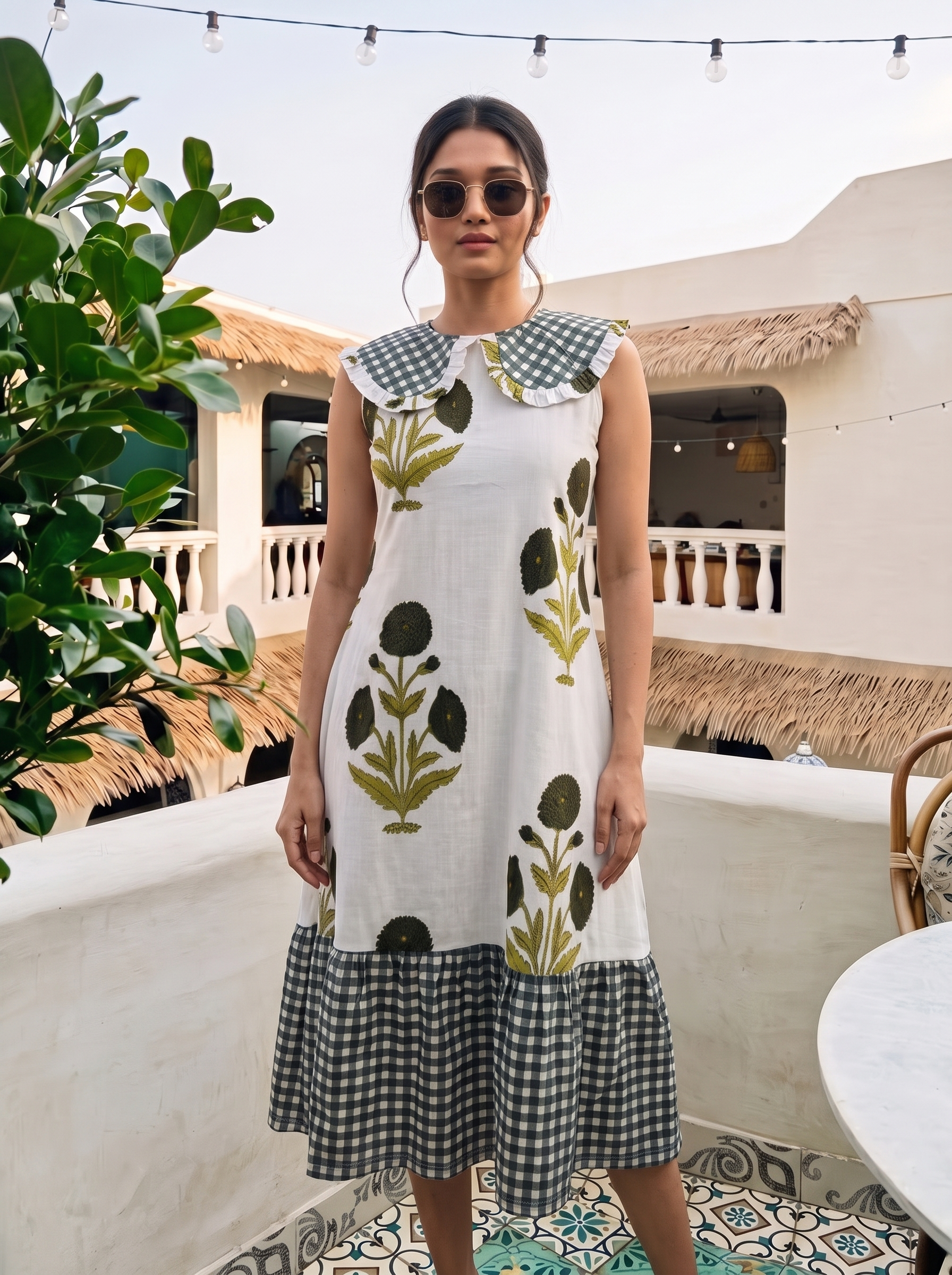 Gul & Gingham Dress – Floral Print Dress with Gingham Collar & Tiered Hem