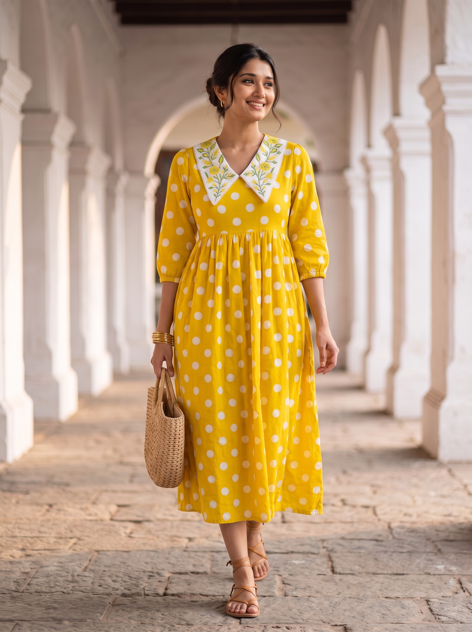 Marigold Polka Dress – Embroidered Collar Flare Midi Dress in Mustard Yellow