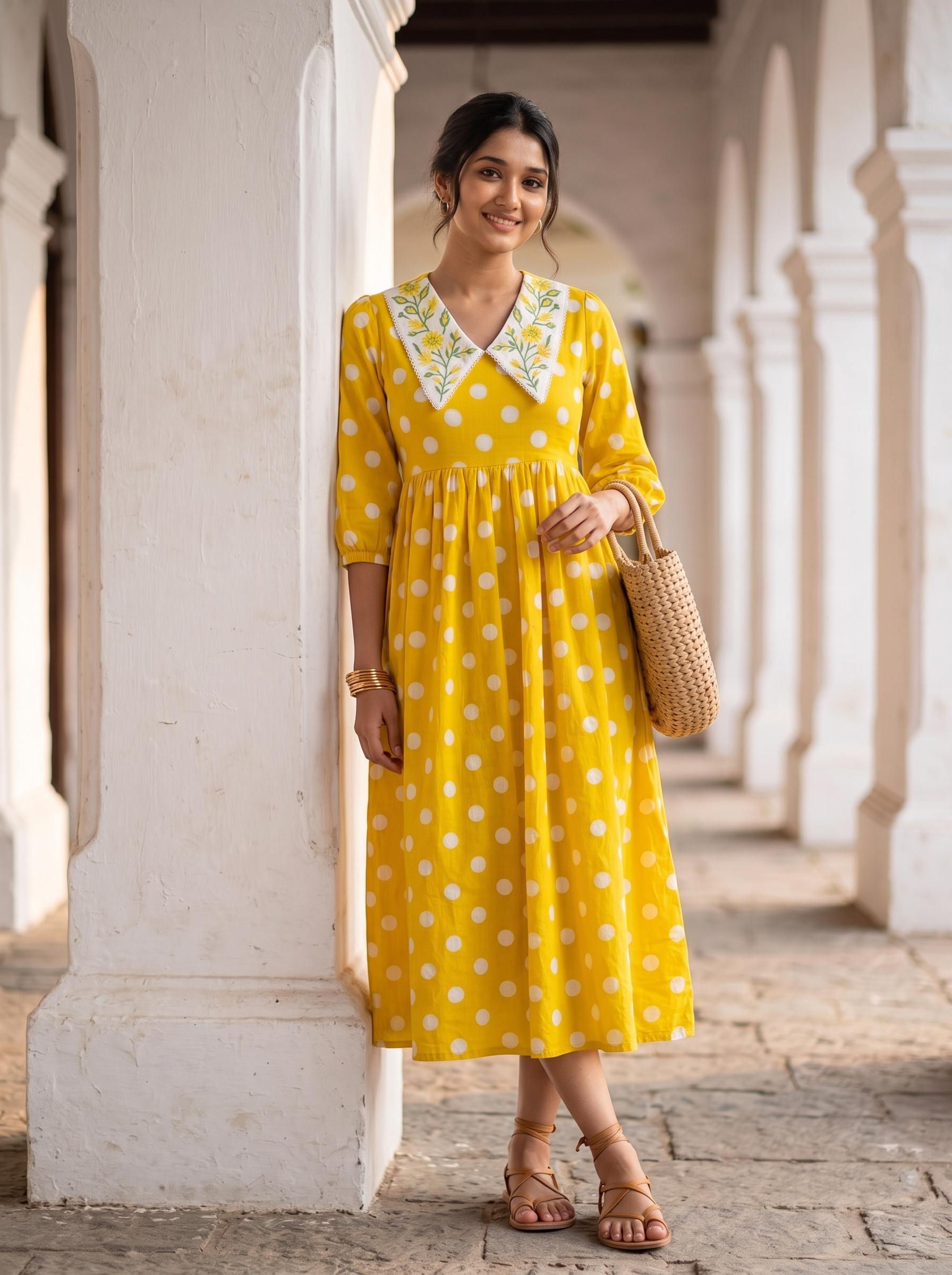 Marigold Polka Dress – Embroidered Collar Flare Midi Dress in Mustard Yellow