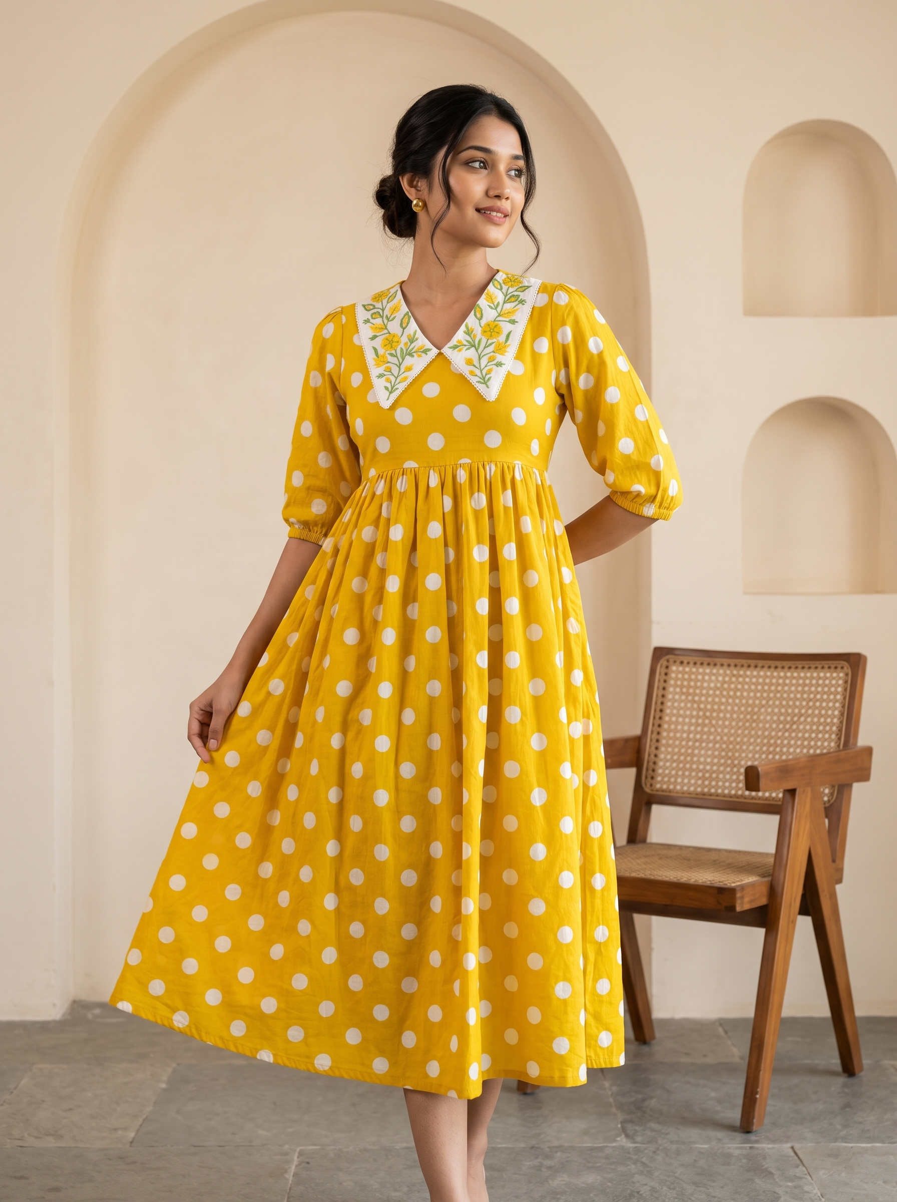 Marigold Polka Dress – Embroidered Collar Flare Midi Dress in Mustard Yellow