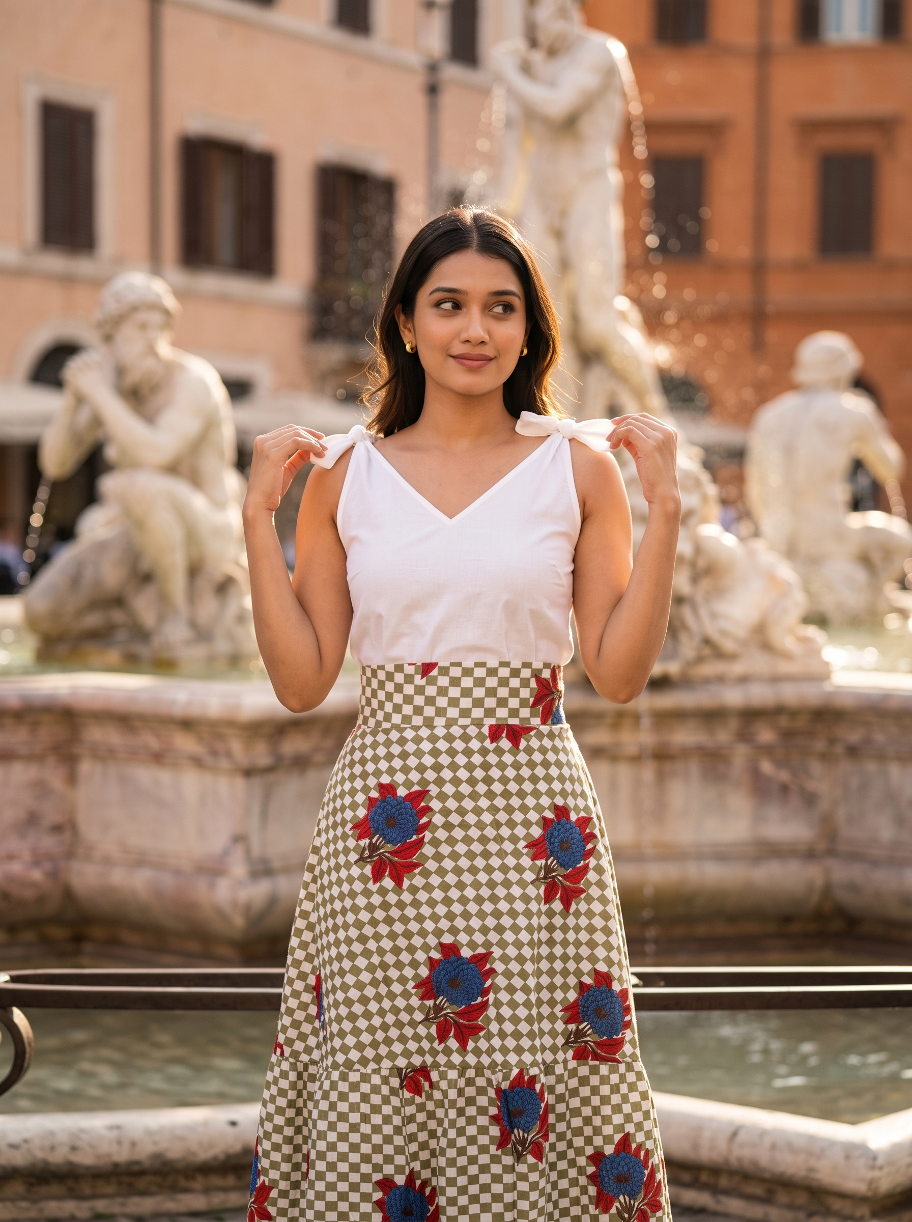 Roma Bloom Skirt Set – White Top with Olive Green Floral Skirt