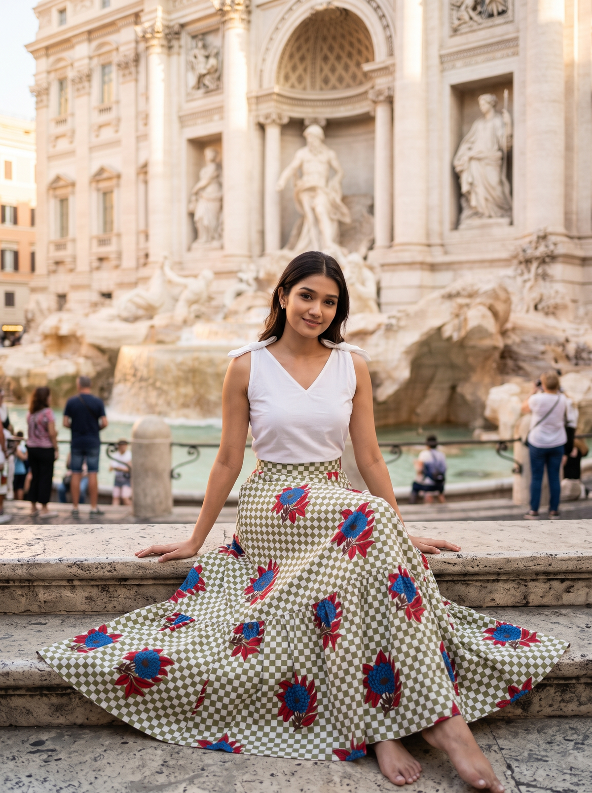 Roma Bloom Skirt Set – White Top with Olive Green Floral Skirt