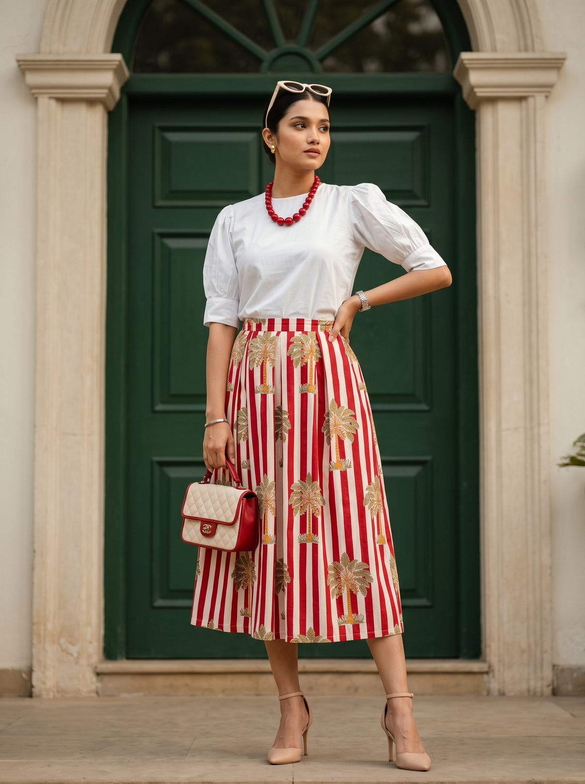 Capri Bloom Skirt Set – White Top with Red Palm Print Skirt