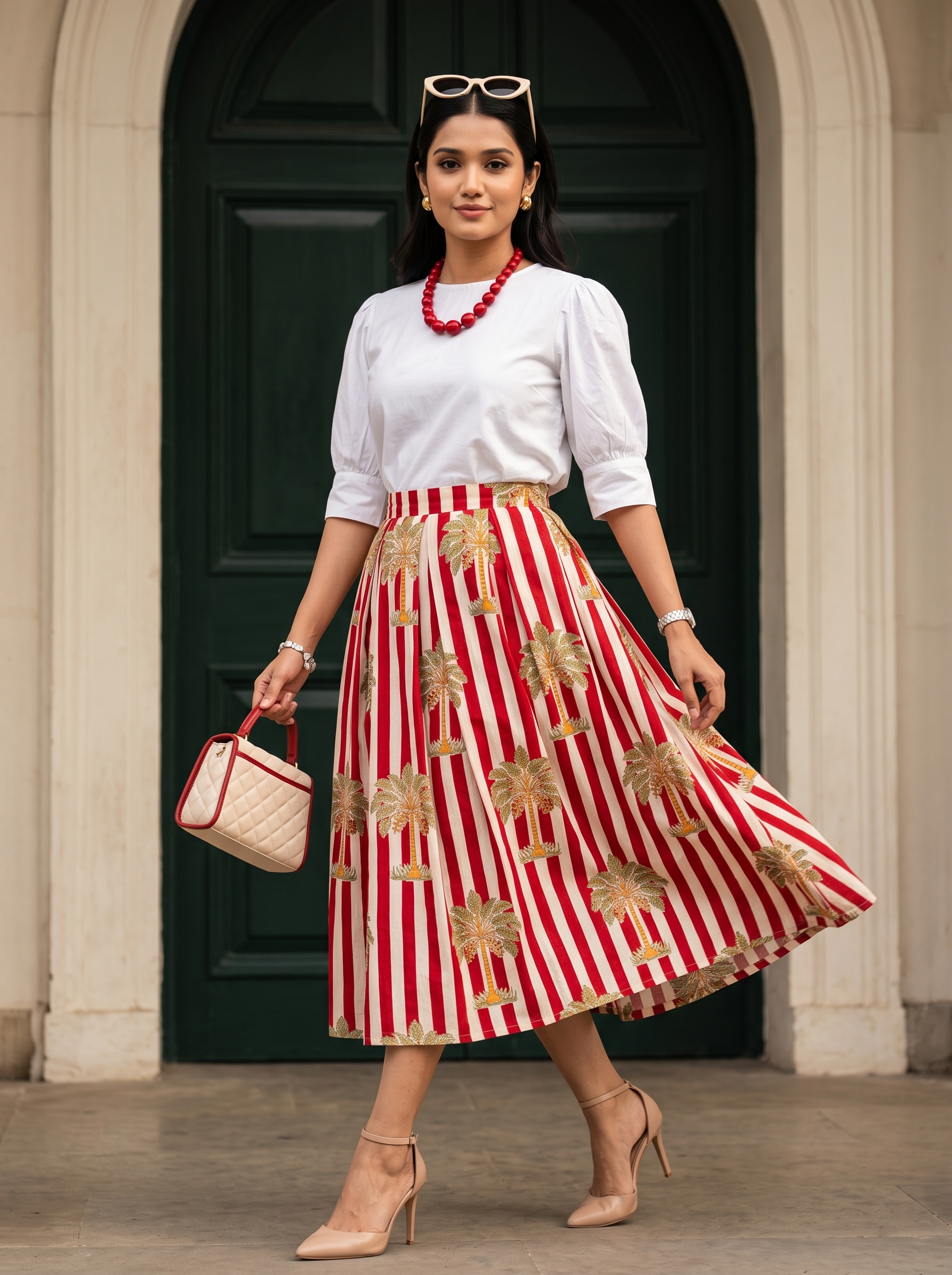 Capri Bloom Skirt Set – White Top with Red Palm Print Skirt