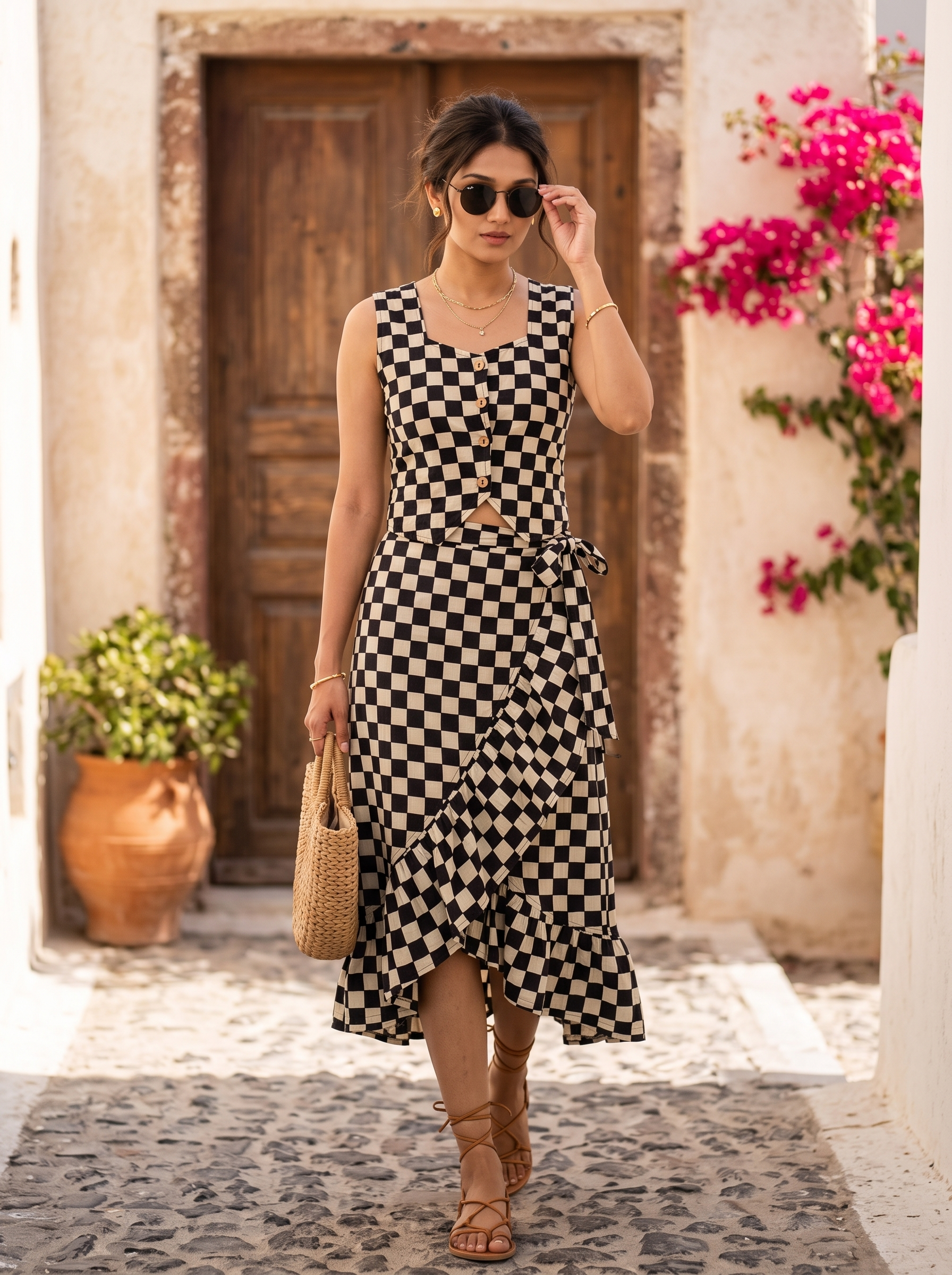 Checkmate Skirt Set – Checked Top with Ruffled Wrap Skirt in Black & Cream