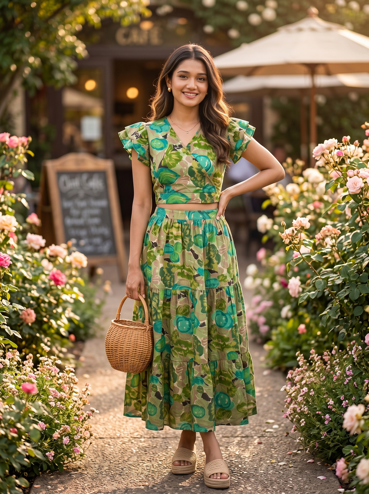 Elowen Skirt Set – Organic Cotton Floral Print Skirt with Top in Green & Beige
