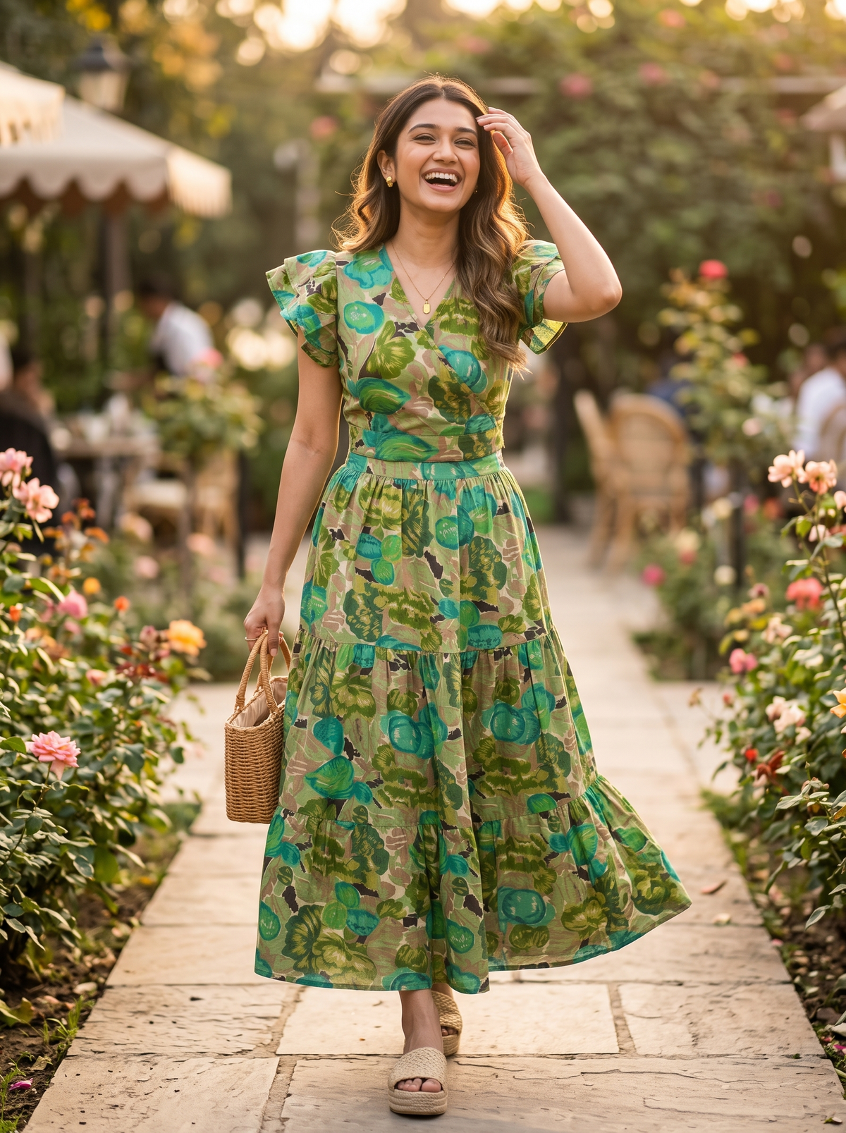 Elowen Skirt Set – Organic Cotton Floral Print Skirt with Top in Green & Beige
