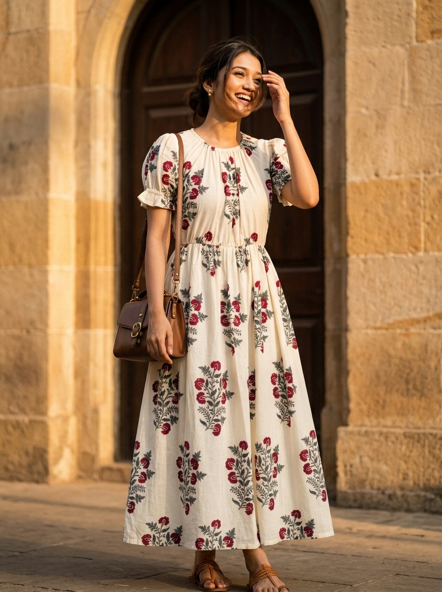 Mughal Muse Dress – Floral Printed Dress in Ivory & Maroon