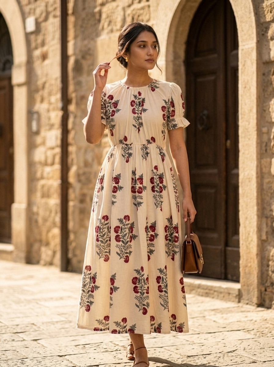 Mughal Muse Dress – Floral Printed Dress in Ivory & Maroon