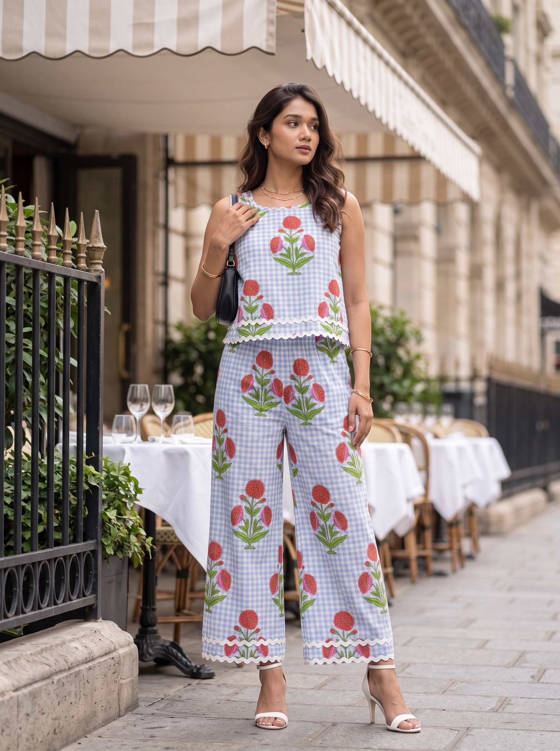 Garden Checks Co-ord Set – Floral Embroidered Set in Powder Blue & White