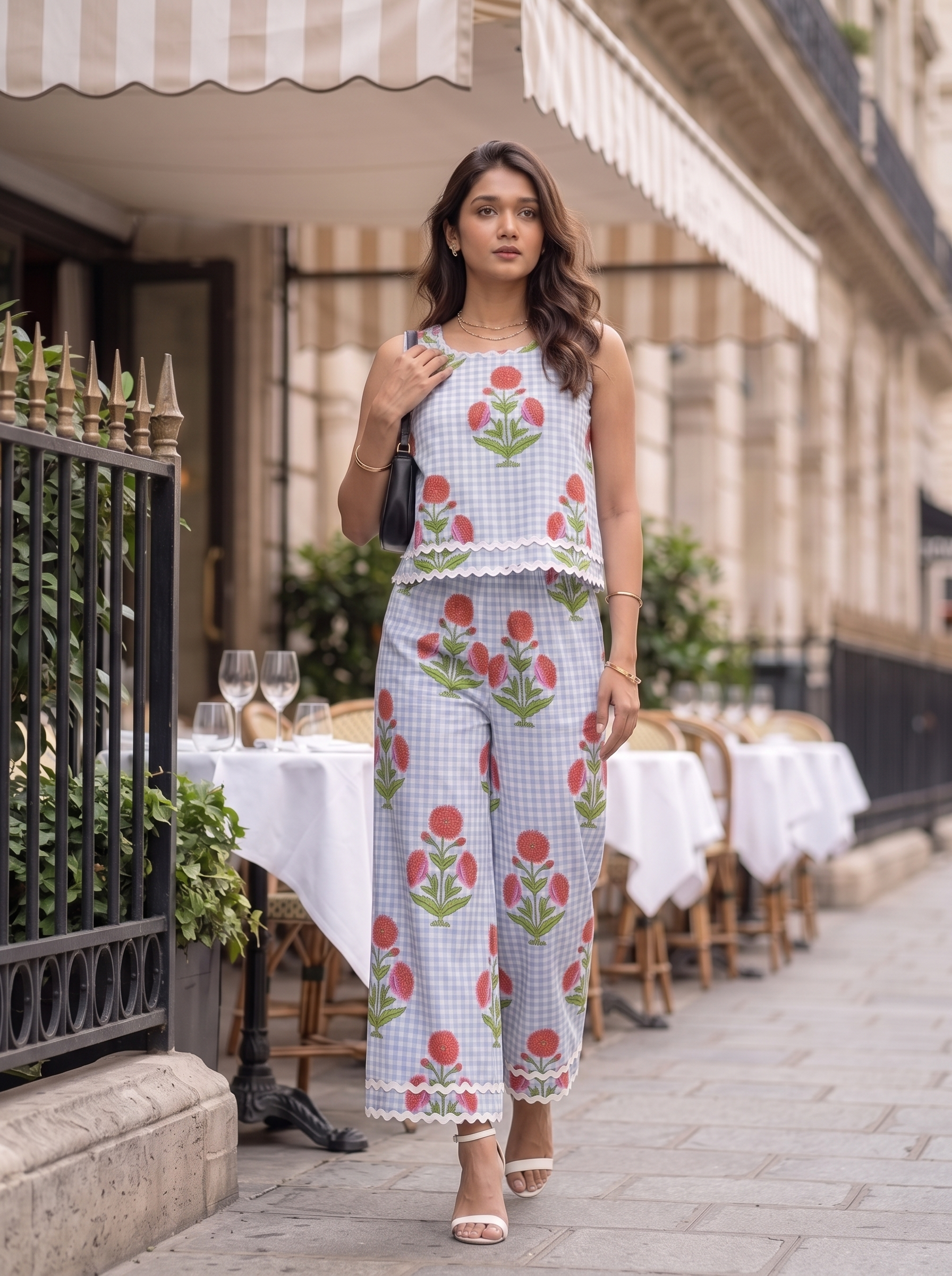 Garden Checks Co-ord Set – Floral Embroidered Set in Powder Blue & White