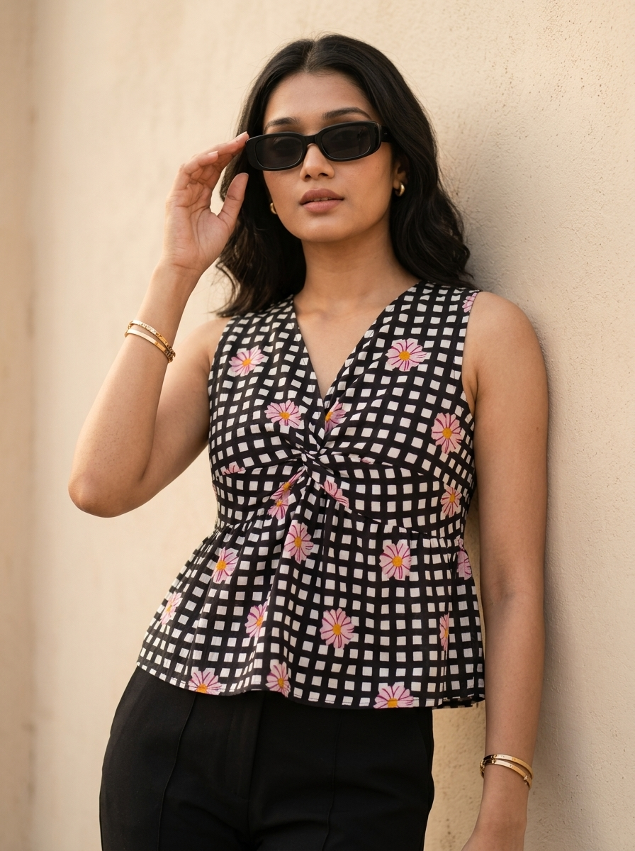 Crop Top #153 – Handloom Organic Cotton Top with Floral Checks in Black & White