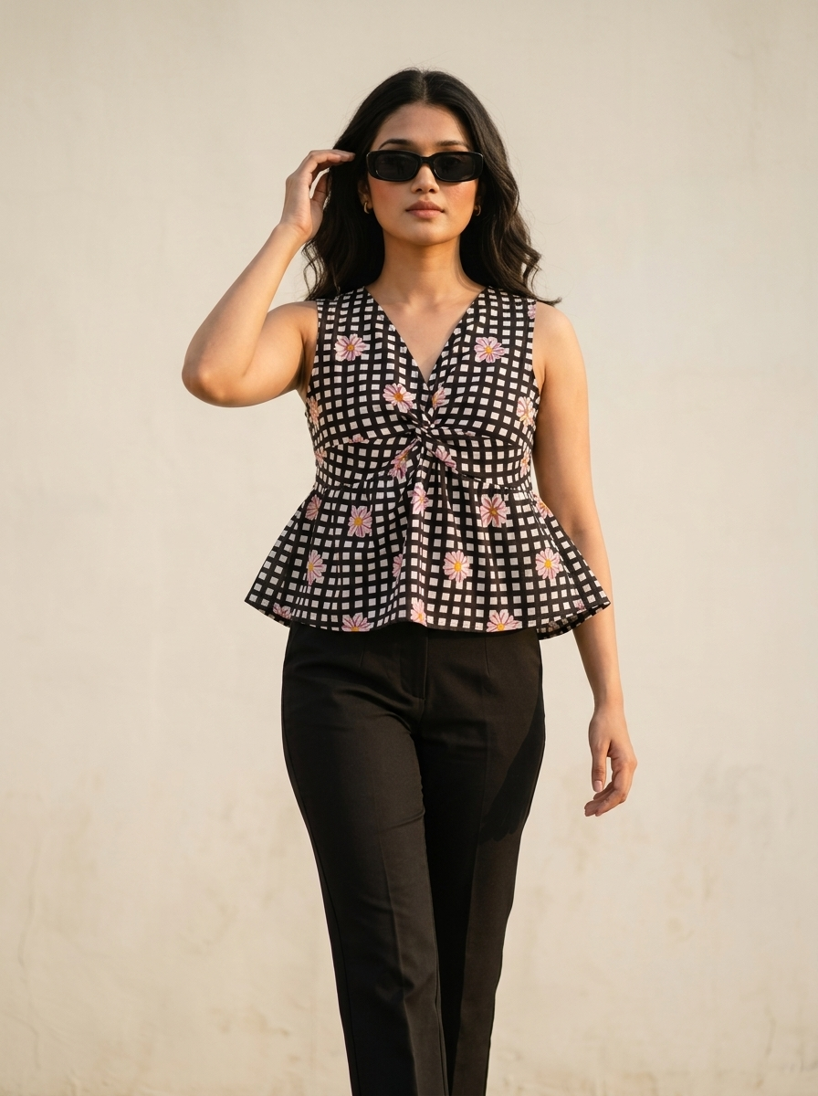 Crop Top #153 – Handloom Organic Cotton Top with Floral Checks in Black & White
