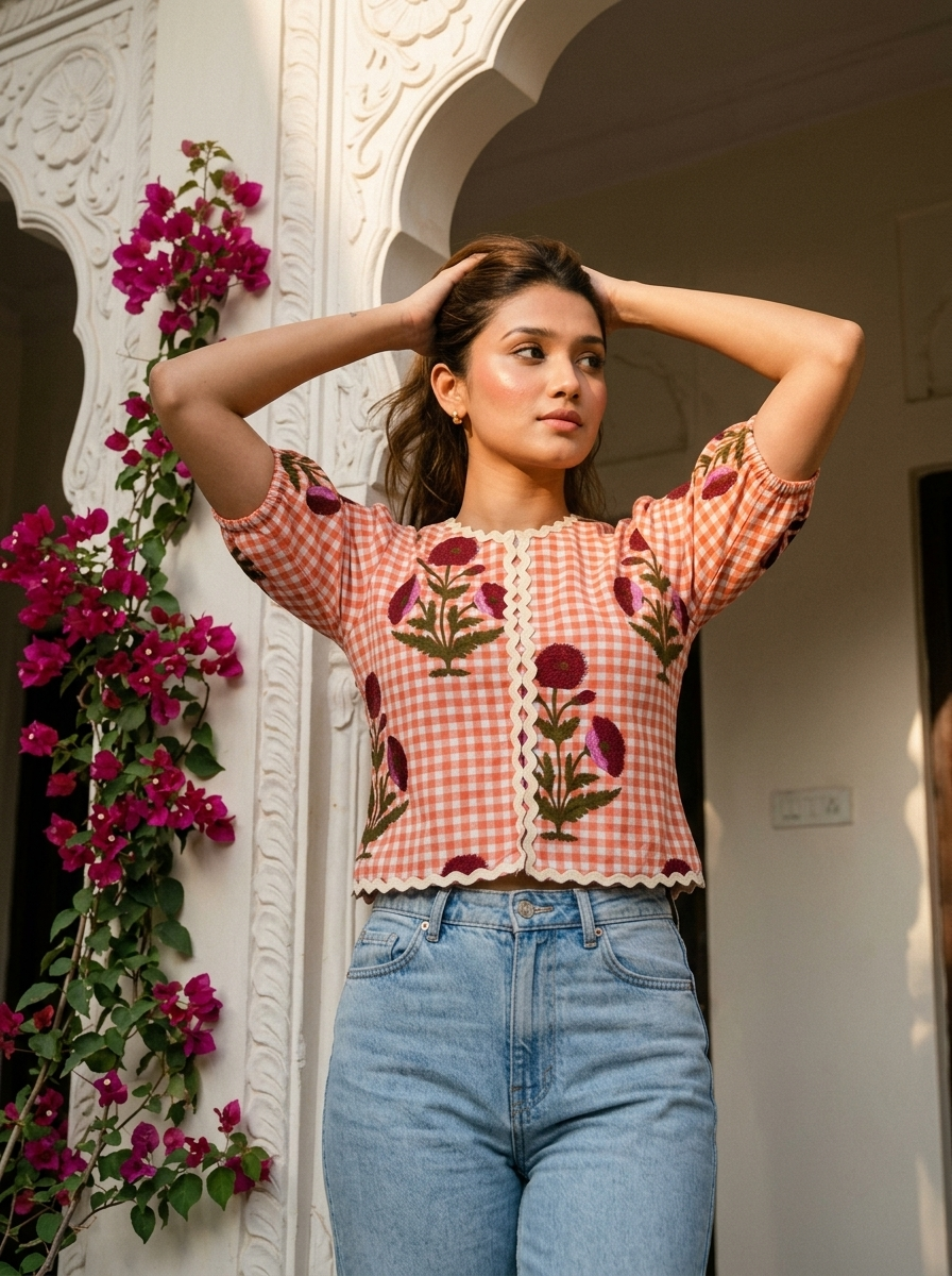 Crop Top #154 – Handloom Organic Cotton Top with Floral Checks in Peach