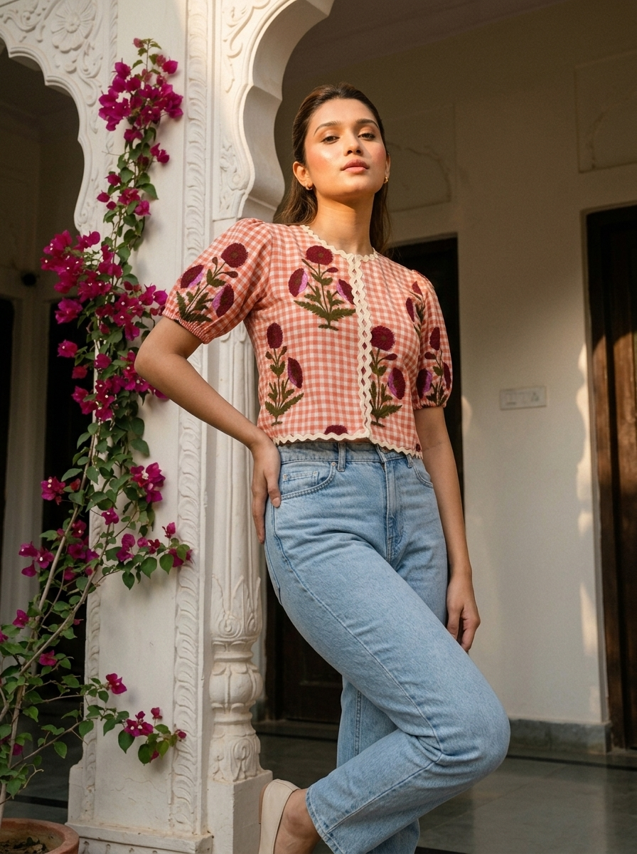 Crop Top #154 – Handloom Organic Cotton Top with Floral Checks in Peach