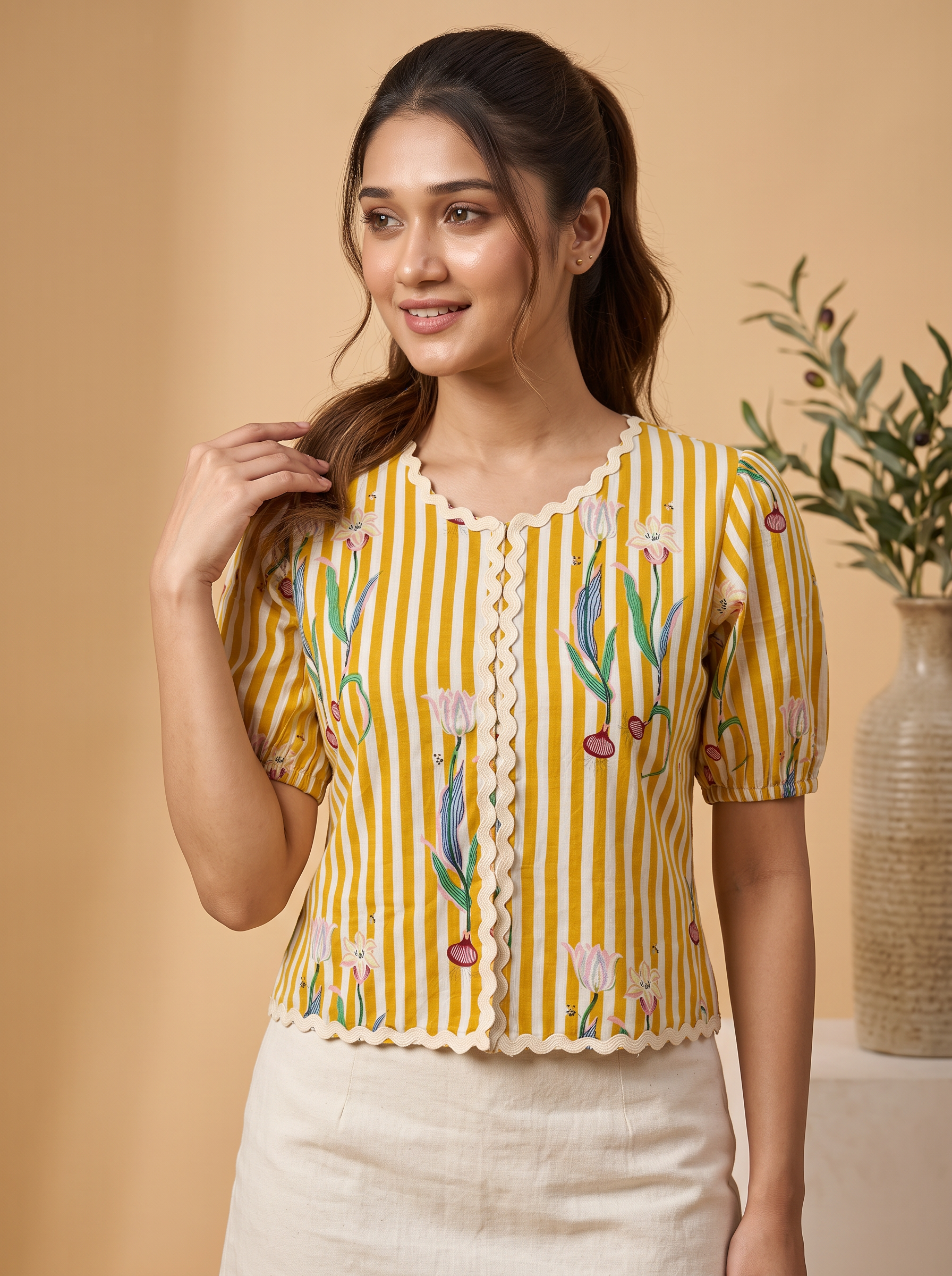 Crop Top #155 – Handloom Organic Cotton Top with Floral Stripes in Mustard Yellow & White