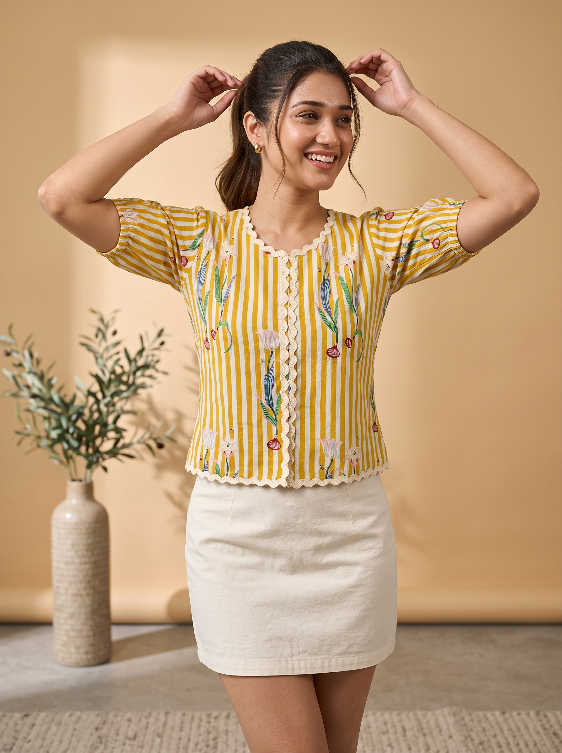 Crop Top #155 – Handloom Organic Cotton Top with Floral Stripes in Mustard Yellow & White