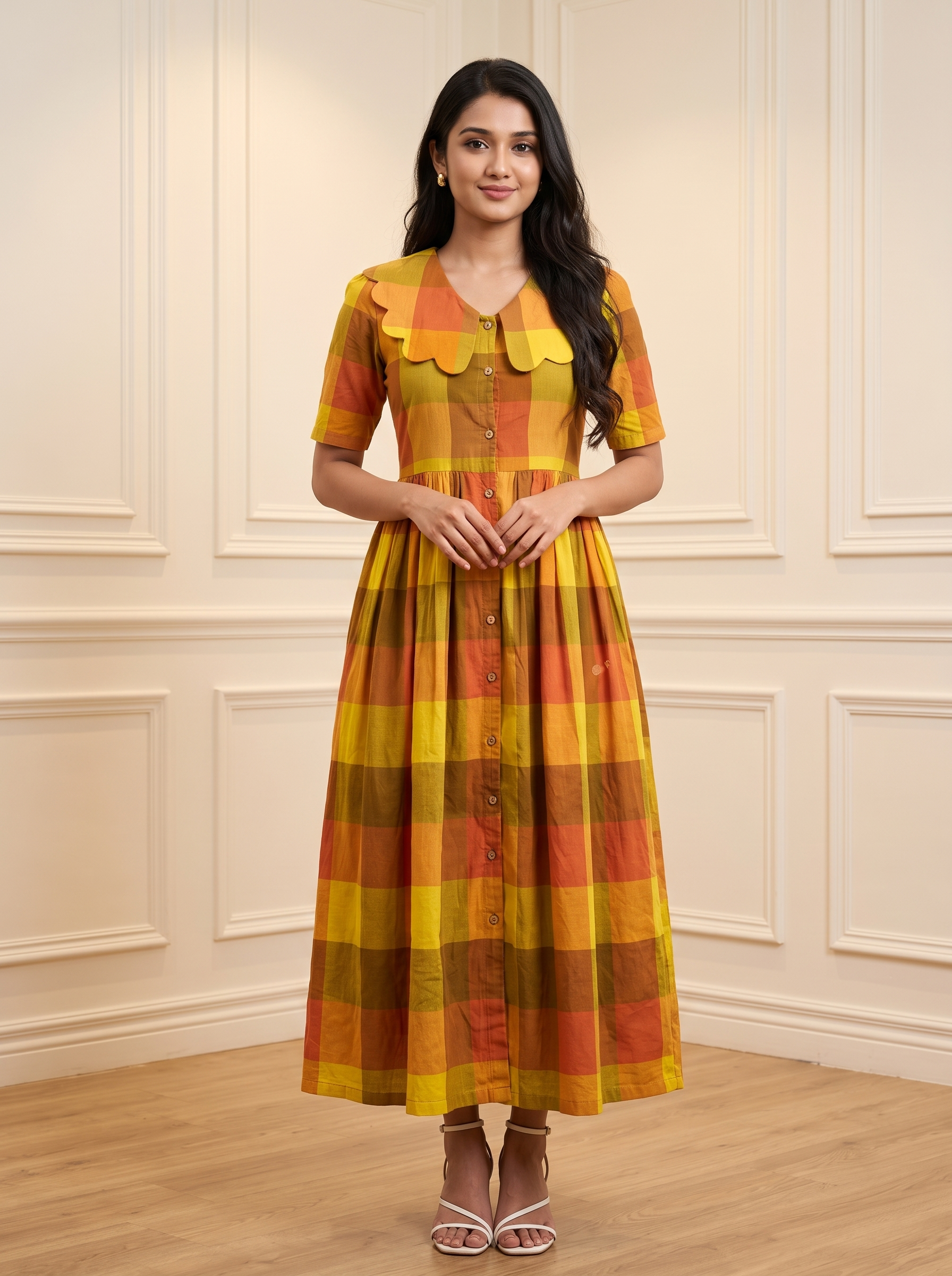 Amaltas Dress – Bold Checkered Dress in Mustard Yellow & Burnt Orange