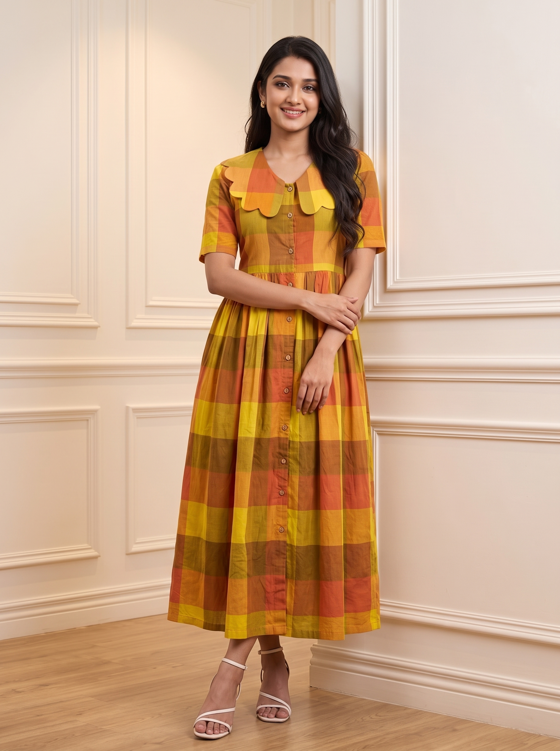 Amaltas Dress – Bold Checkered Dress in Mustard Yellow & Burnt Orange