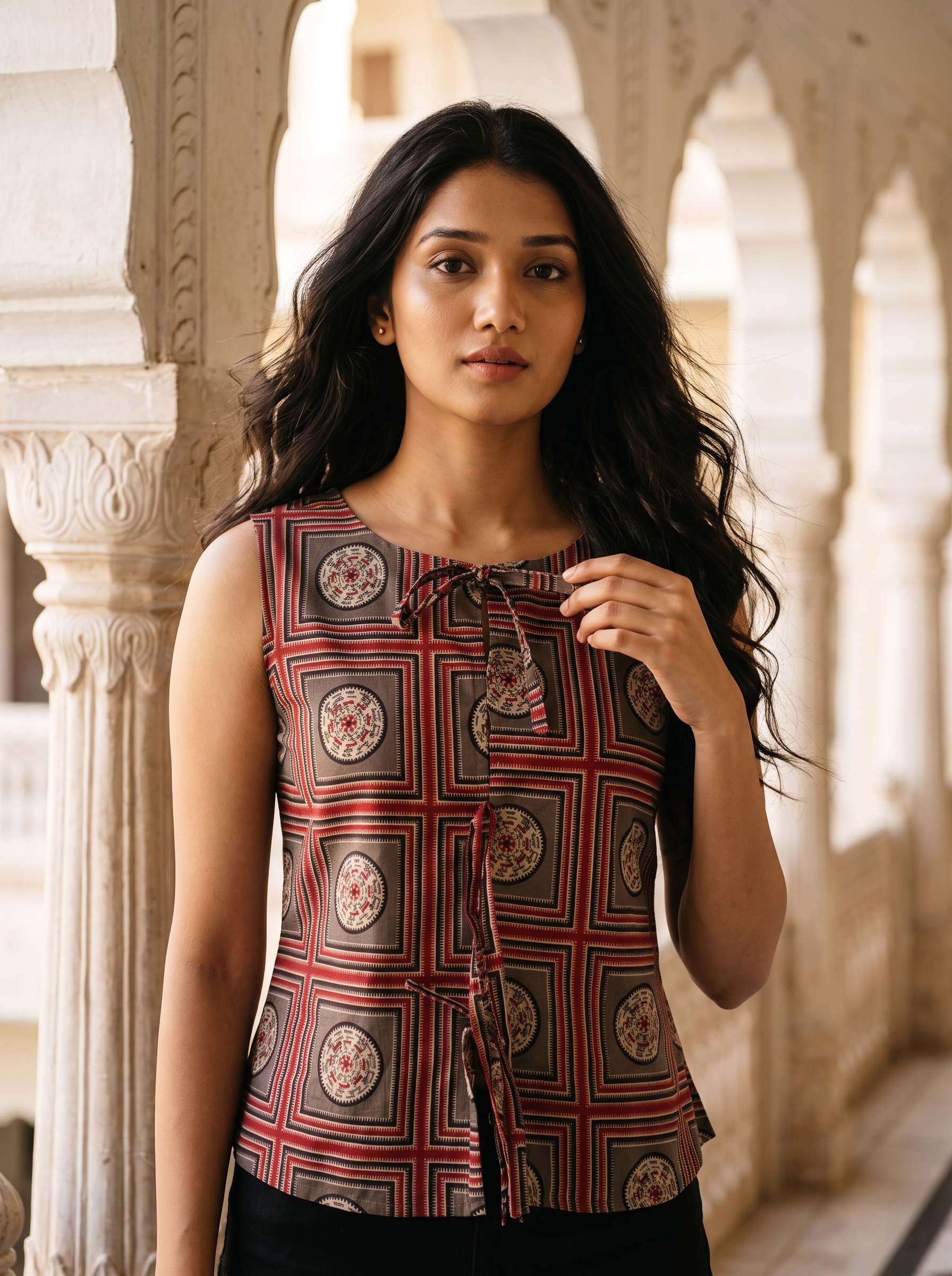Crop Top #158 – Handloom Organic Cotton Top with Framed Medallion Print in Rust Red & Grey