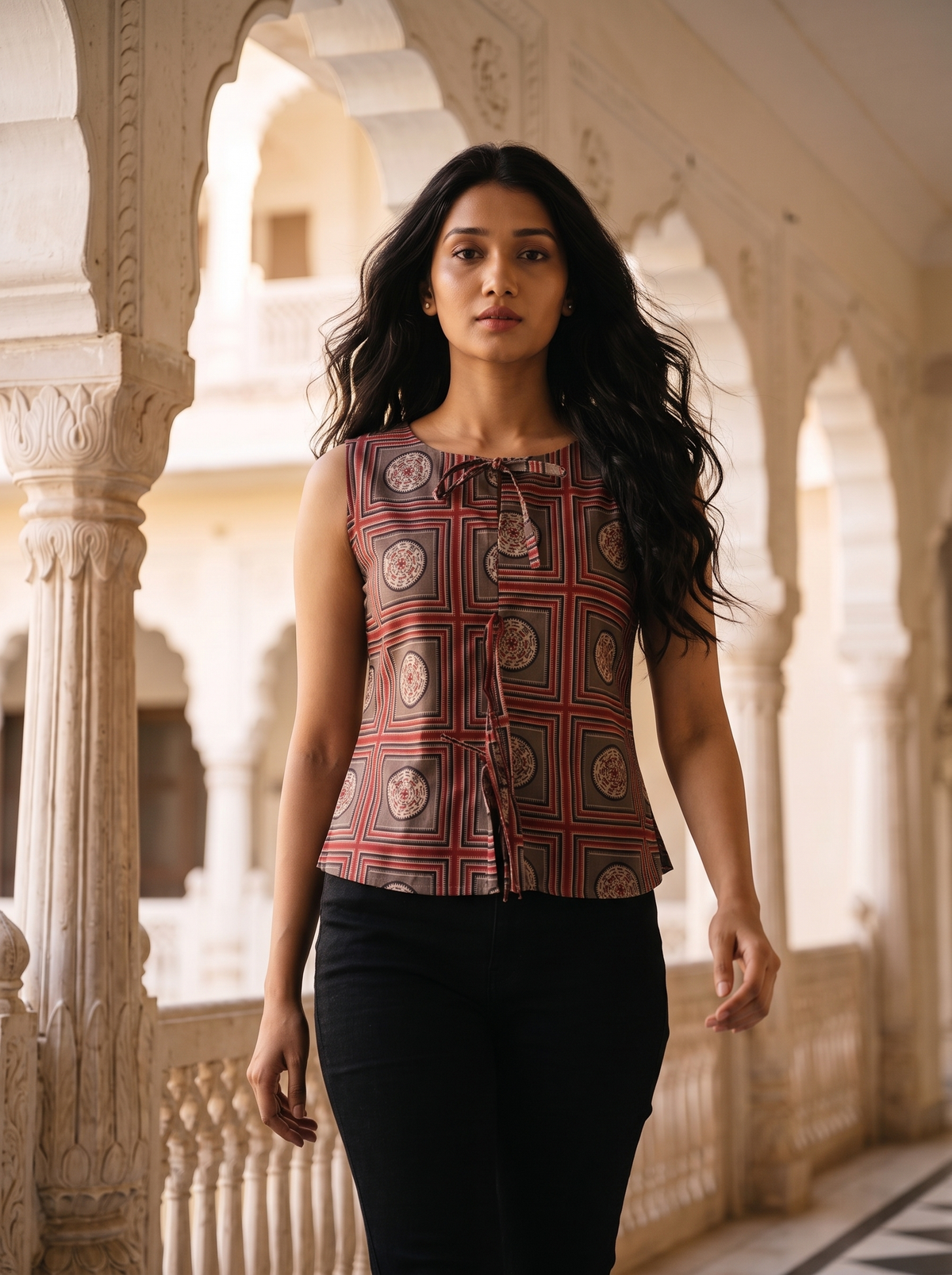 Crop Top #158 – Handloom Organic Cotton Top with Framed Medallion Print in Rust Red & Grey