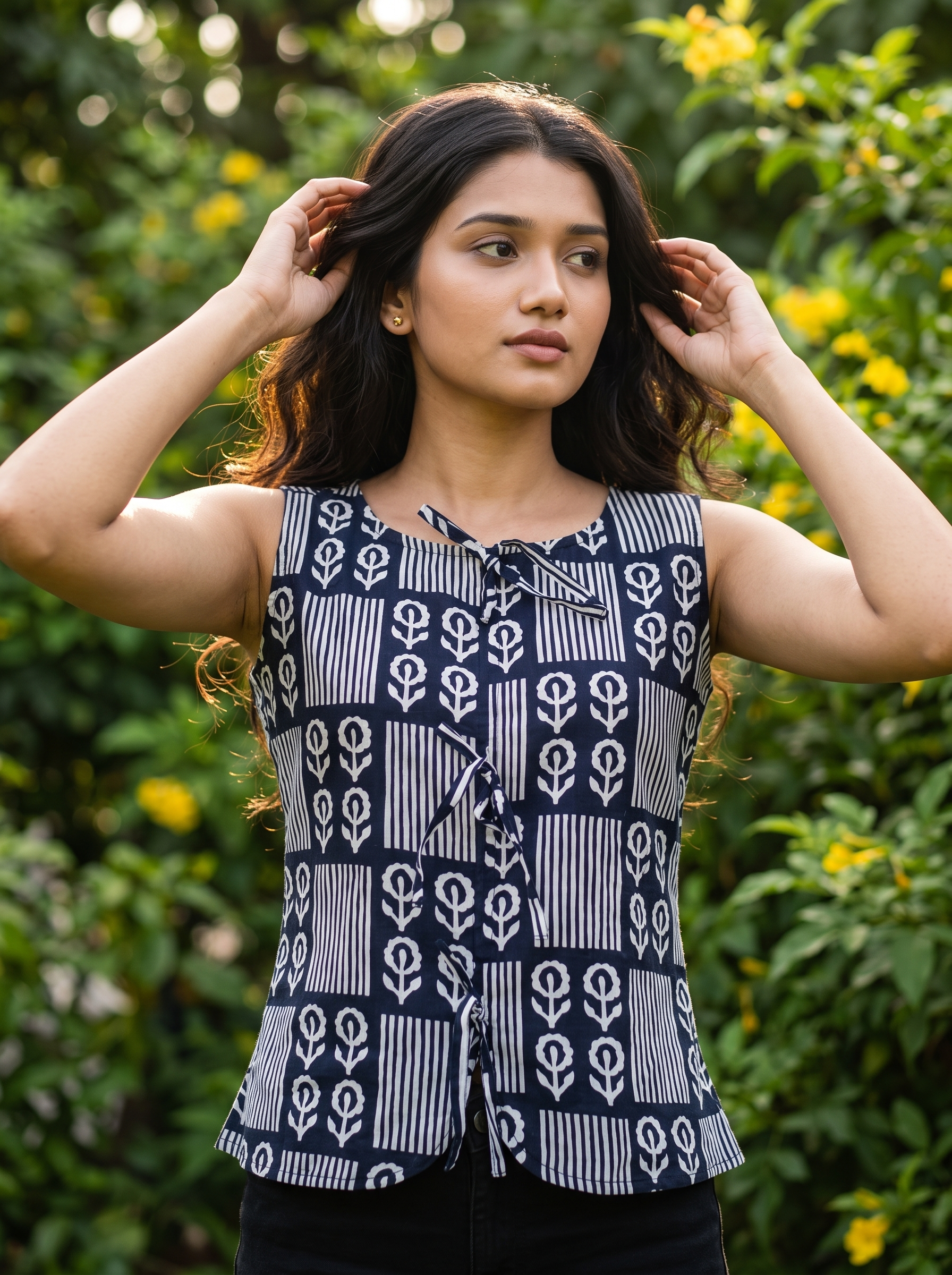 Crop Top #159 – Handloom Organic Cotton Top with Botanical & Stripe Block Print in Navy Blue
