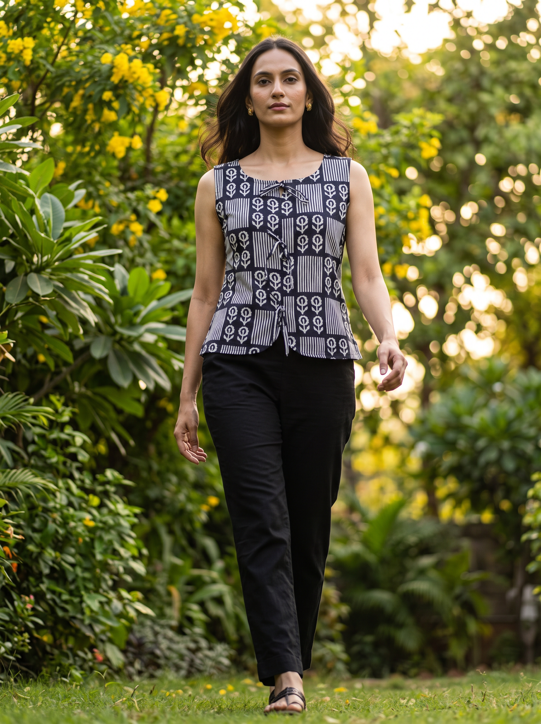 Crop Top #159 – Handloom Organic Cotton Top with Botanical & Stripe Block Print in Navy Blue