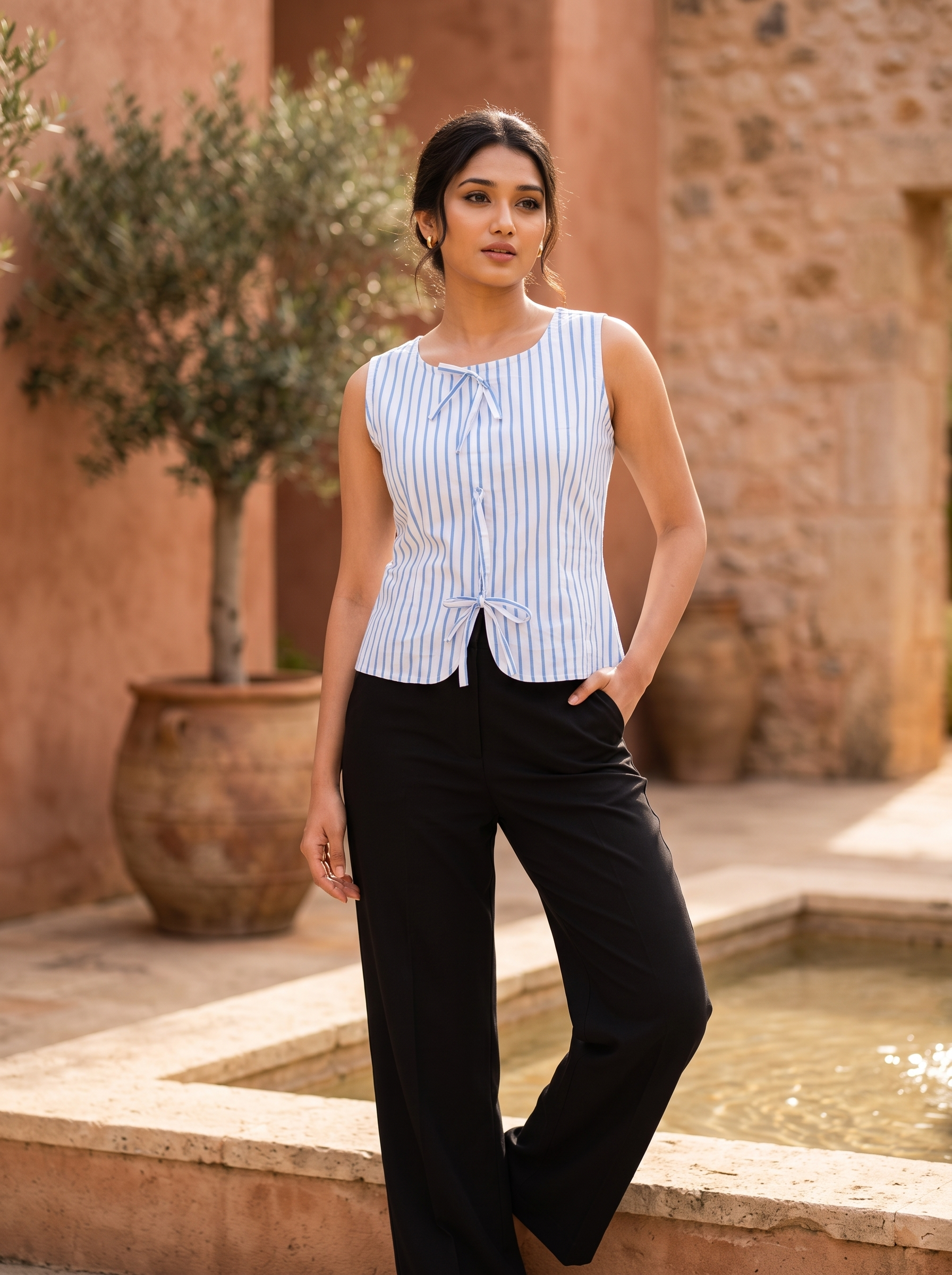 Crop Top #160 – Handloom Organic Cotton Top with Vertical Stripe in Light Blue & White
