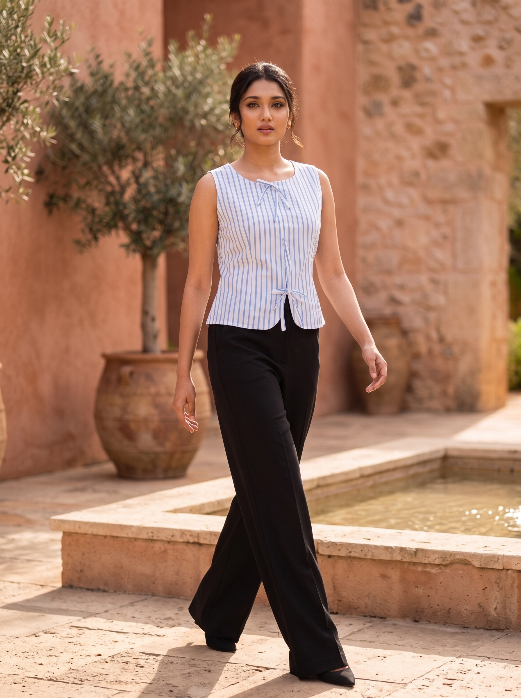 Crop Top #160 – Handloom Organic Cotton Top with Vertical Stripe in Light Blue & White