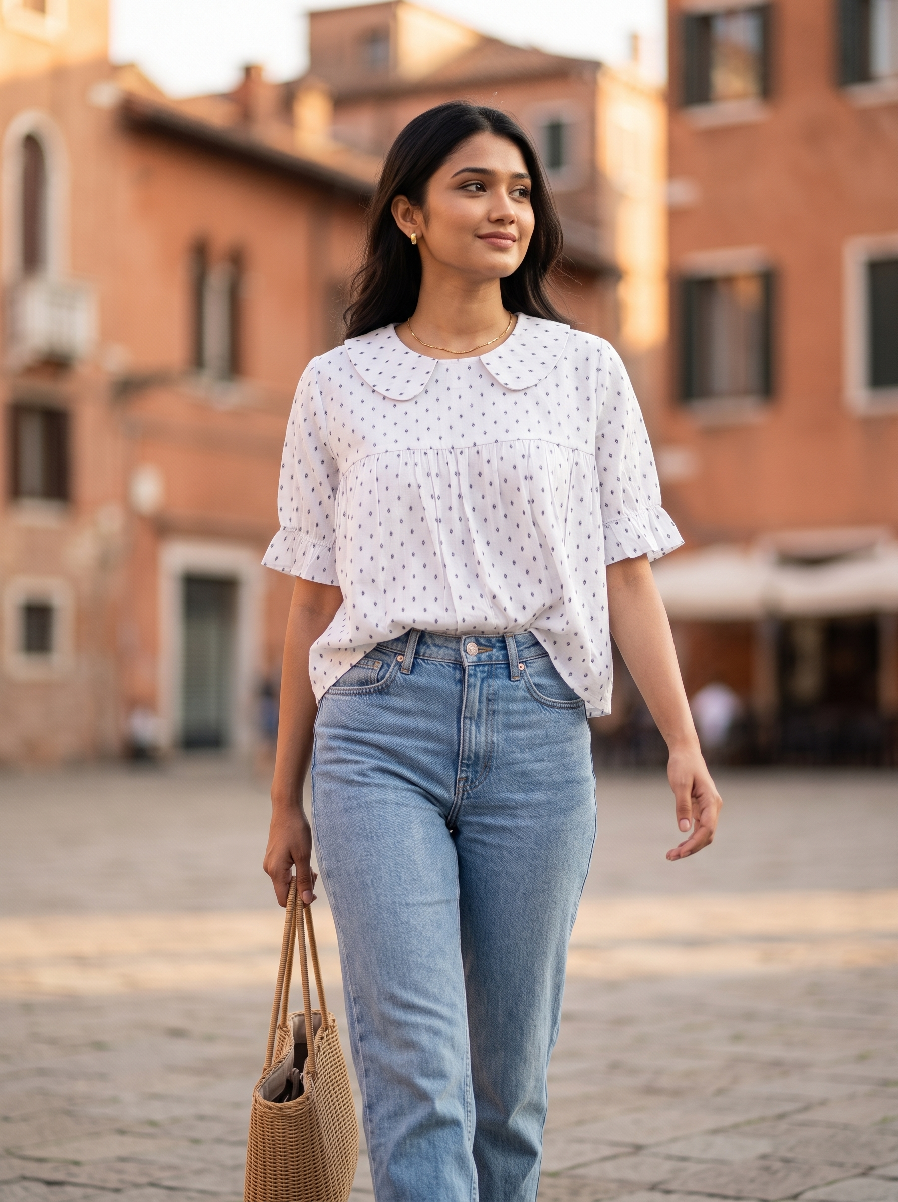 Crop Top #162 – Handloom Organic Cotton Top with Polka Dot in White & Grey