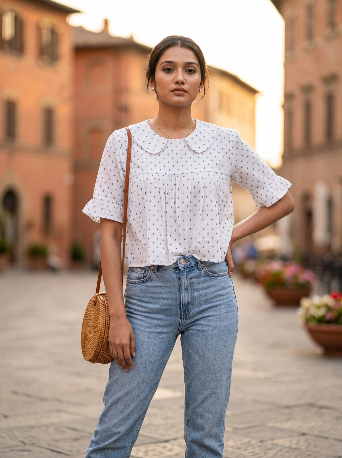 Crop Top #162 – Handloom Organic Cotton Top with Polka Dot in White & Grey