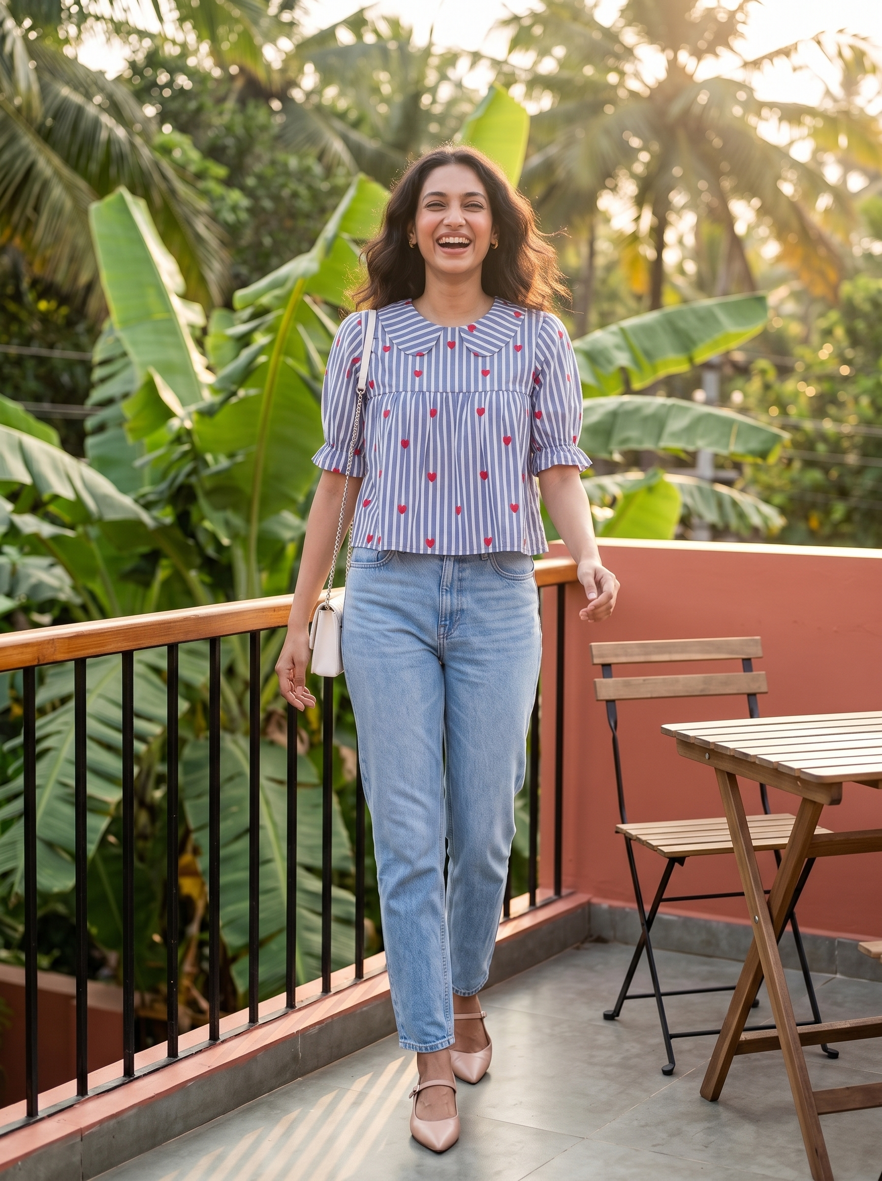 Crop Top #163 – Handloom Organic Cotton Top with Heart Embroidered Stripe in Blue & Red