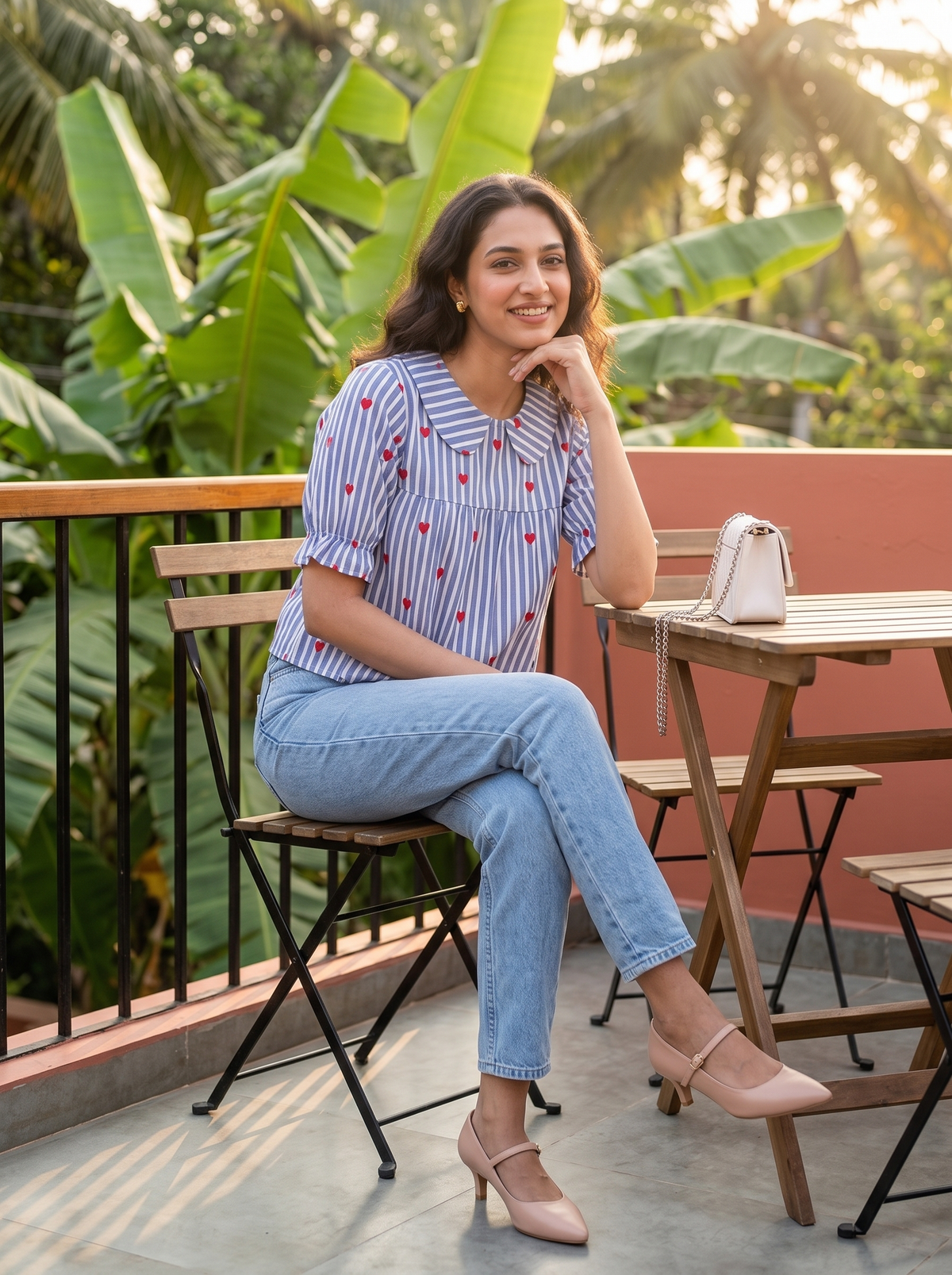 Crop Top #163 – Handloom Organic Cotton Top with Heart Embroidered Stripe in Blue & Red
