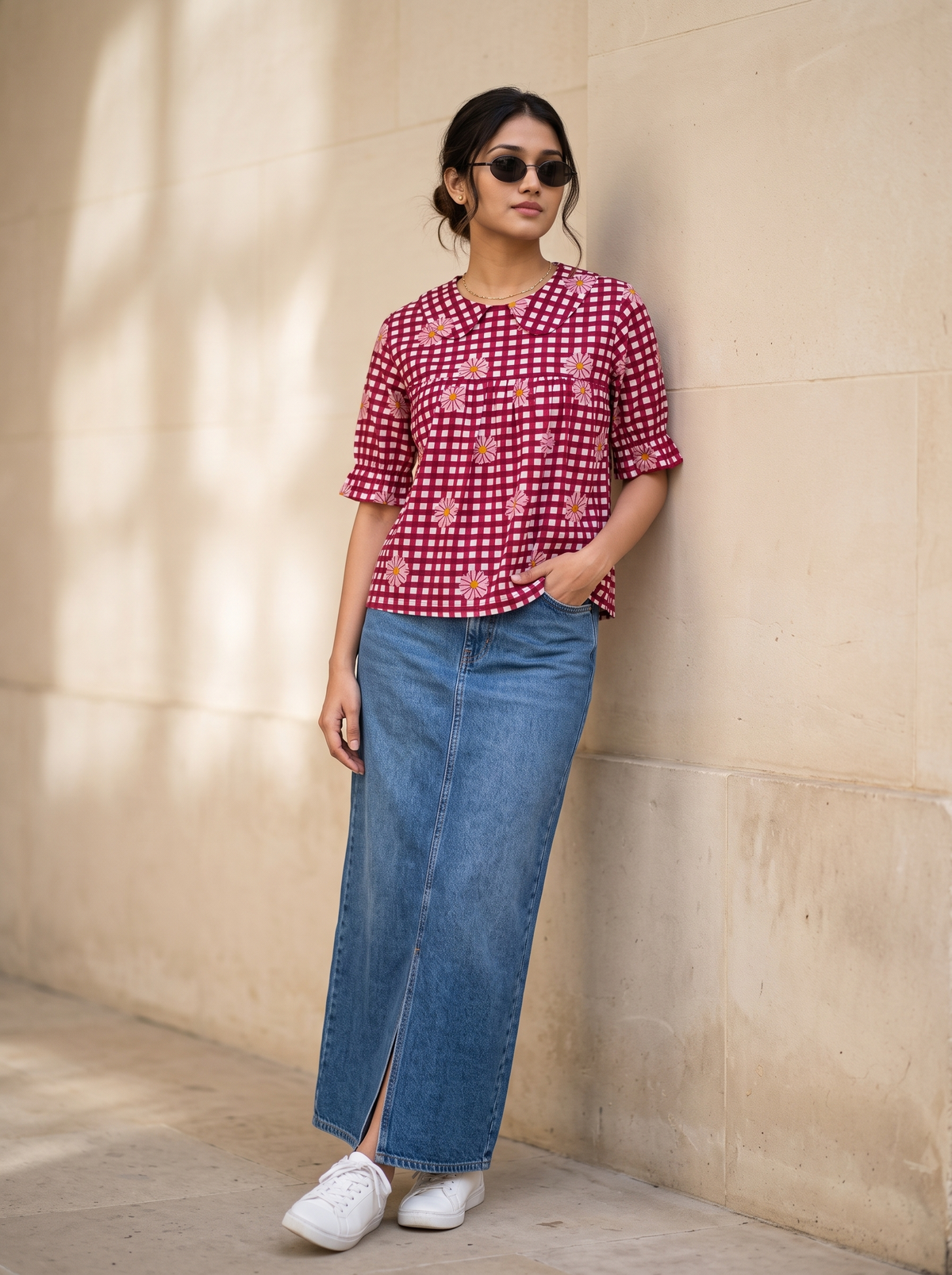 Crop Top #164 – Handloom Organic Cotton Top with Checkered Daisy in Maroon & Pink