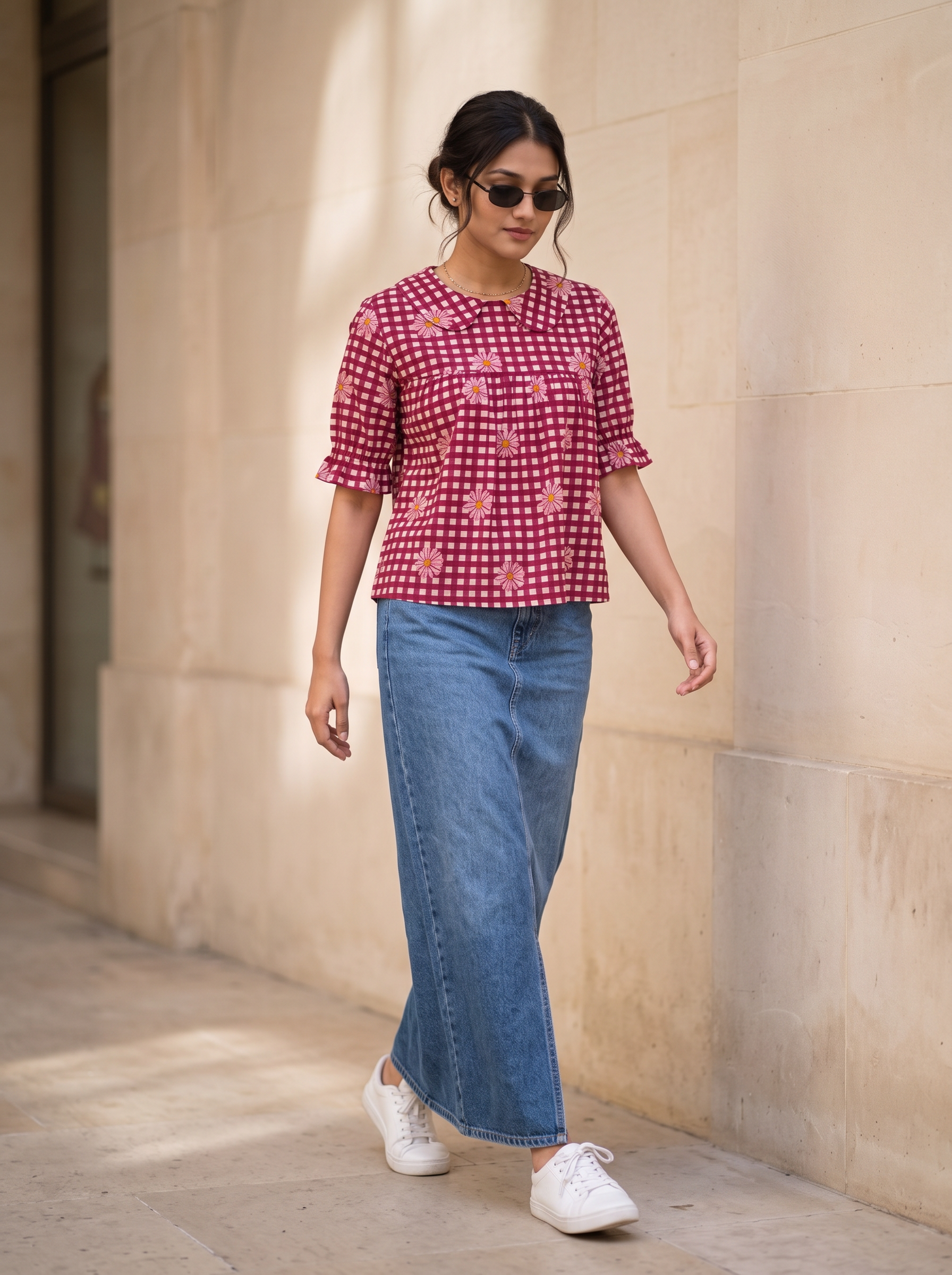 Crop Top #164 – Handloom Organic Cotton Top with Checkered Daisy in Maroon & Pink