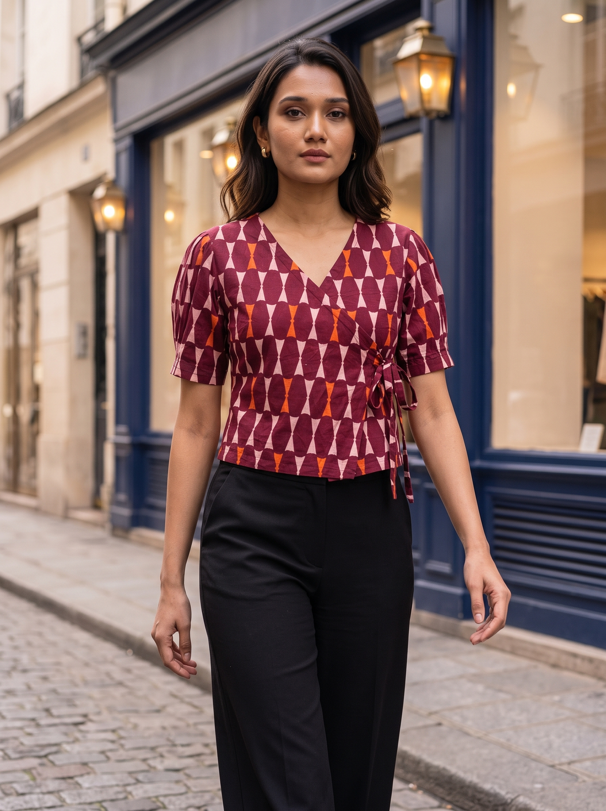 Crop Top #157 – Handloom Organic Cotton Top with Geometric Hourglass Print in Maroon