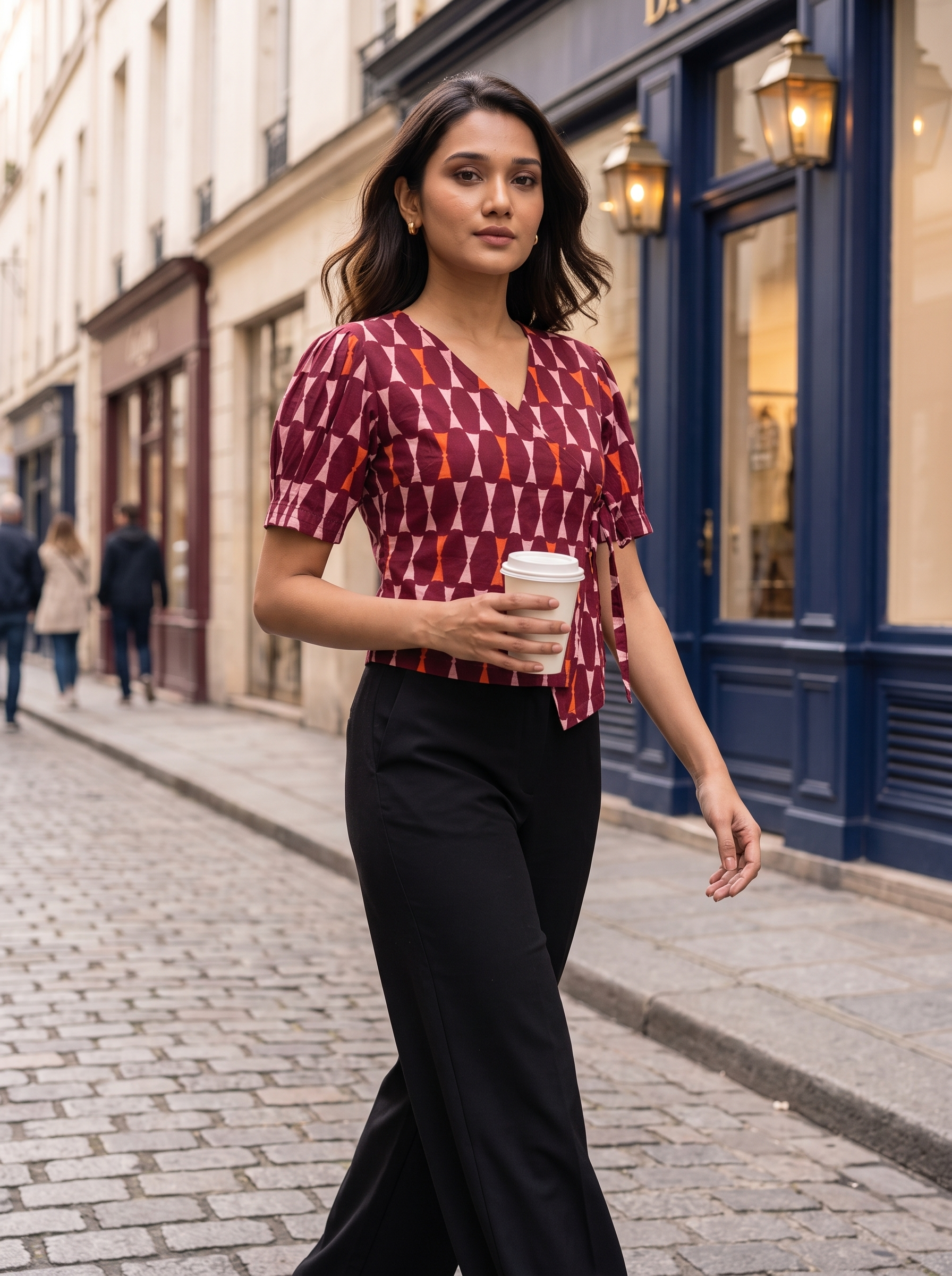 Crop Top #157 – Handloom Organic Cotton Top with Geometric Hourglass Print in Maroon
