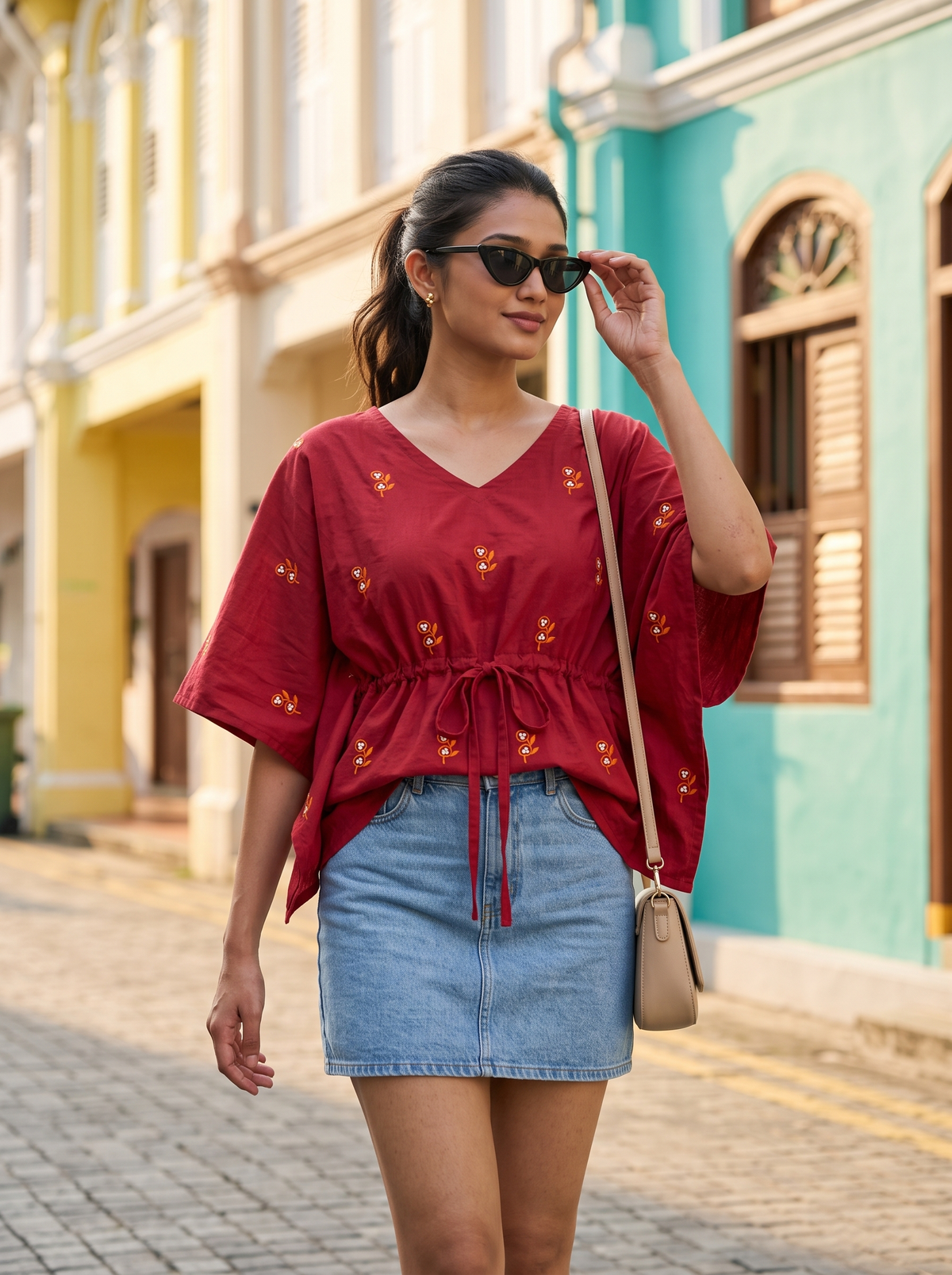 Kaftan Top #93 – Embroidered Motif Organic Cotton Kaftan Top in Maroon