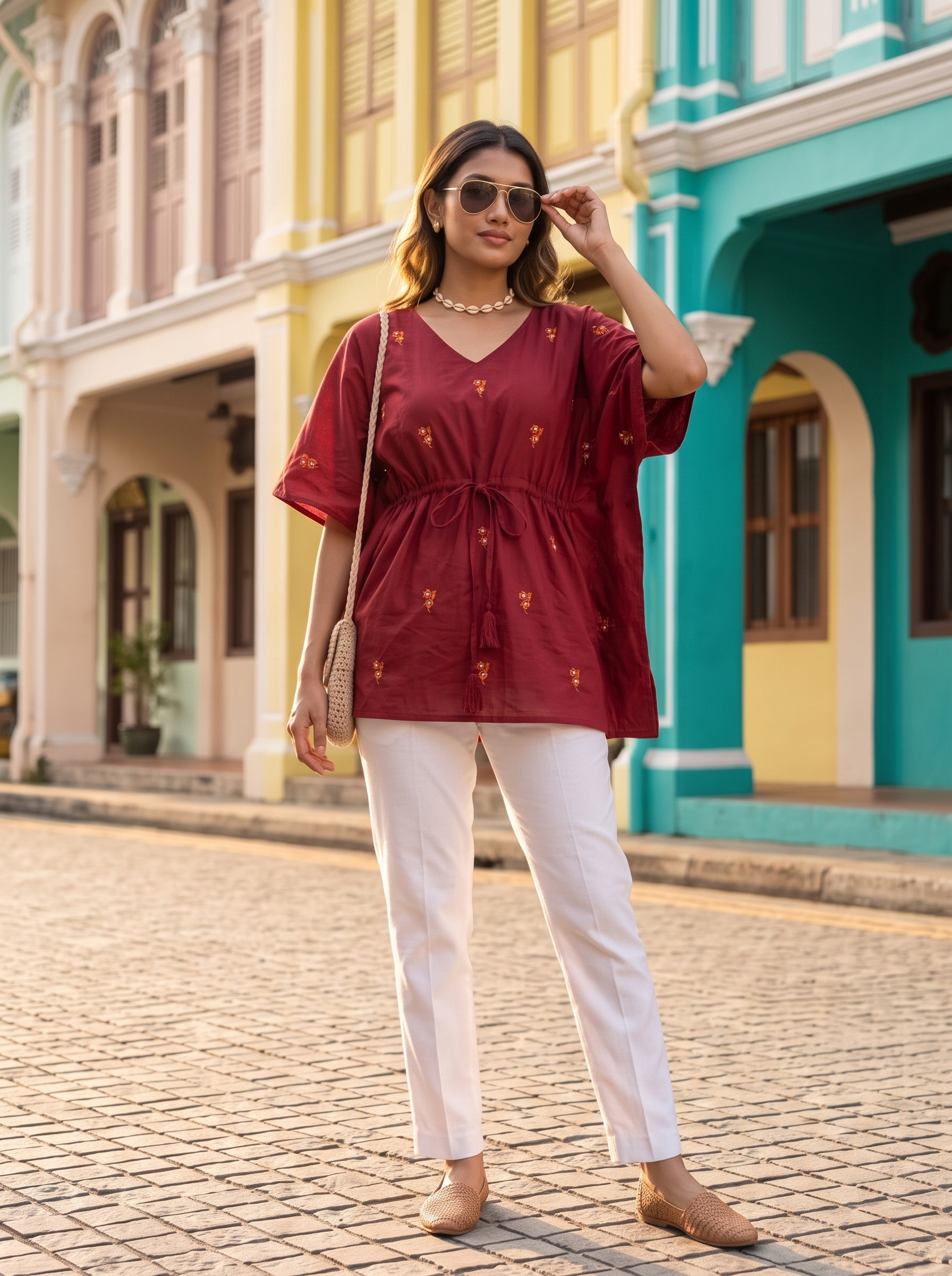 Kaftan Top #93 – Embroidered Motif Organic Cotton Kaftan Top in Maroon
