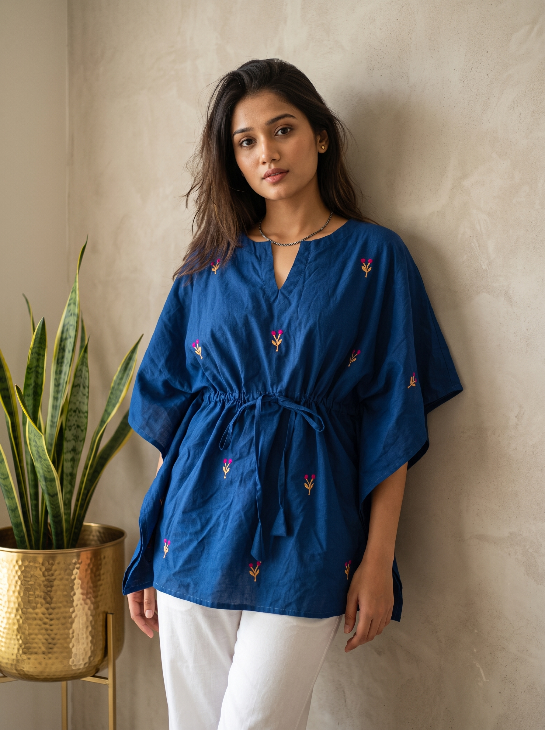 Kaftan Top #94 – Embroidered Motif Organic Cotton Kaftan Top in Navy Blue