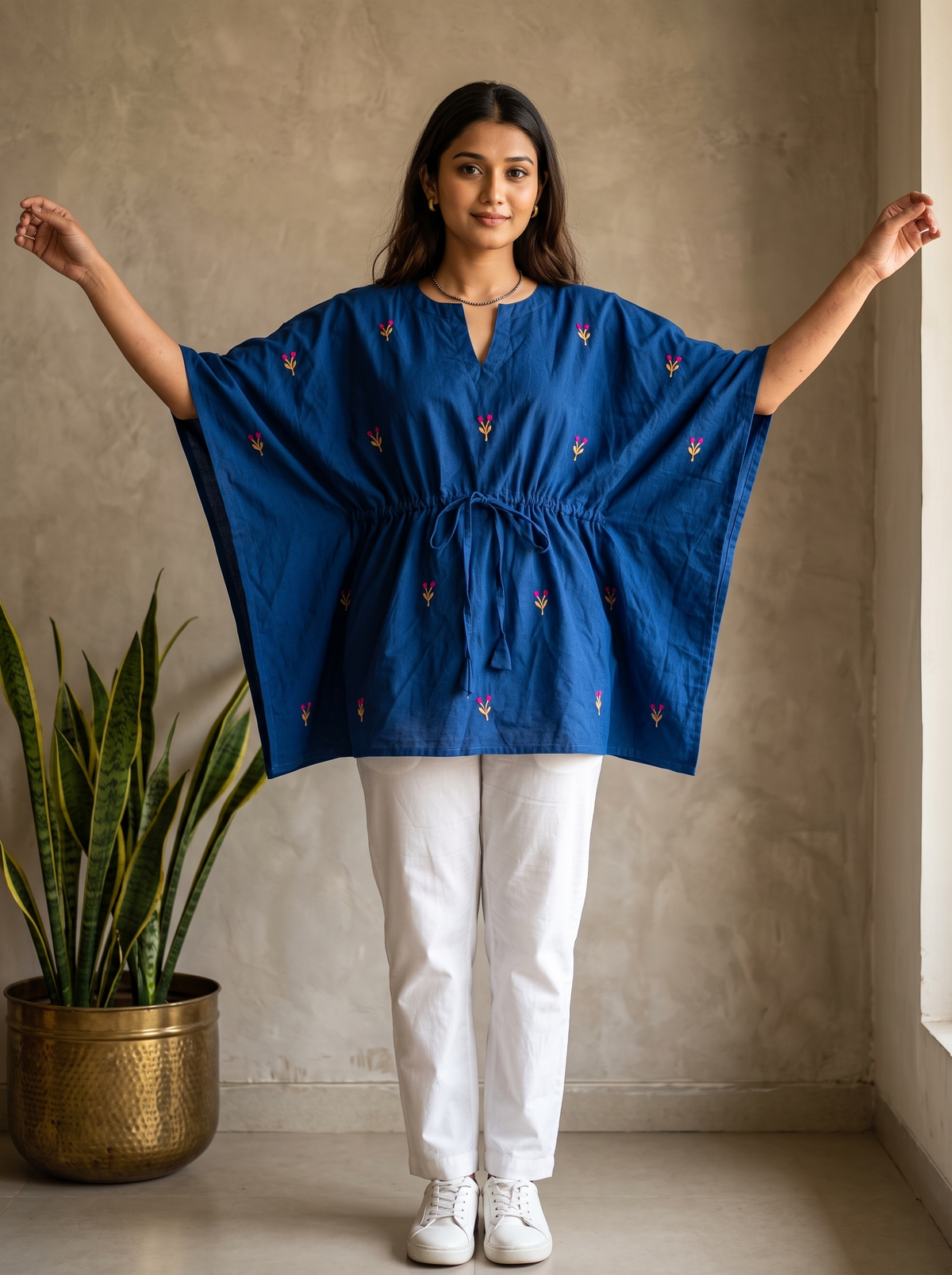 Kaftan Top #94 – Embroidered Motif Organic Cotton Kaftan Top in Navy Blue